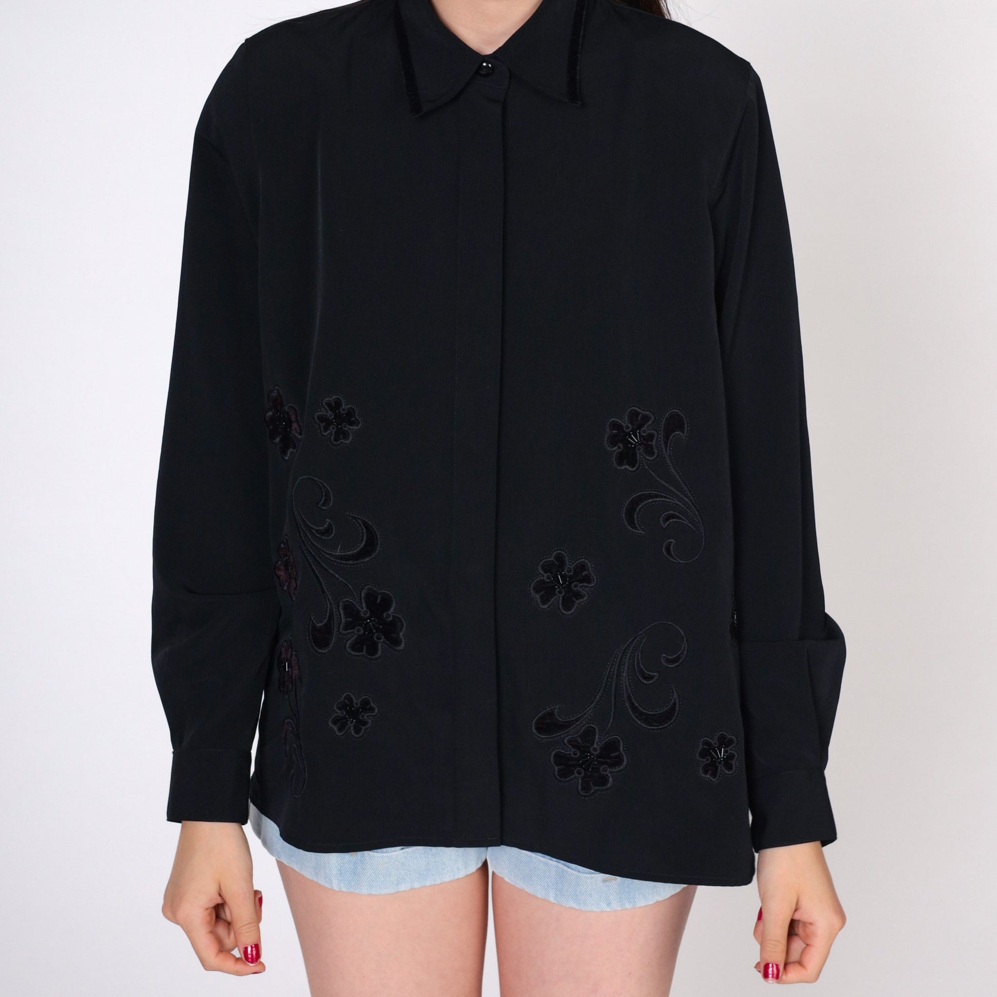 90s Alfred Dunner Black Velvet Floral Beaded Button-Up Blouse Medium