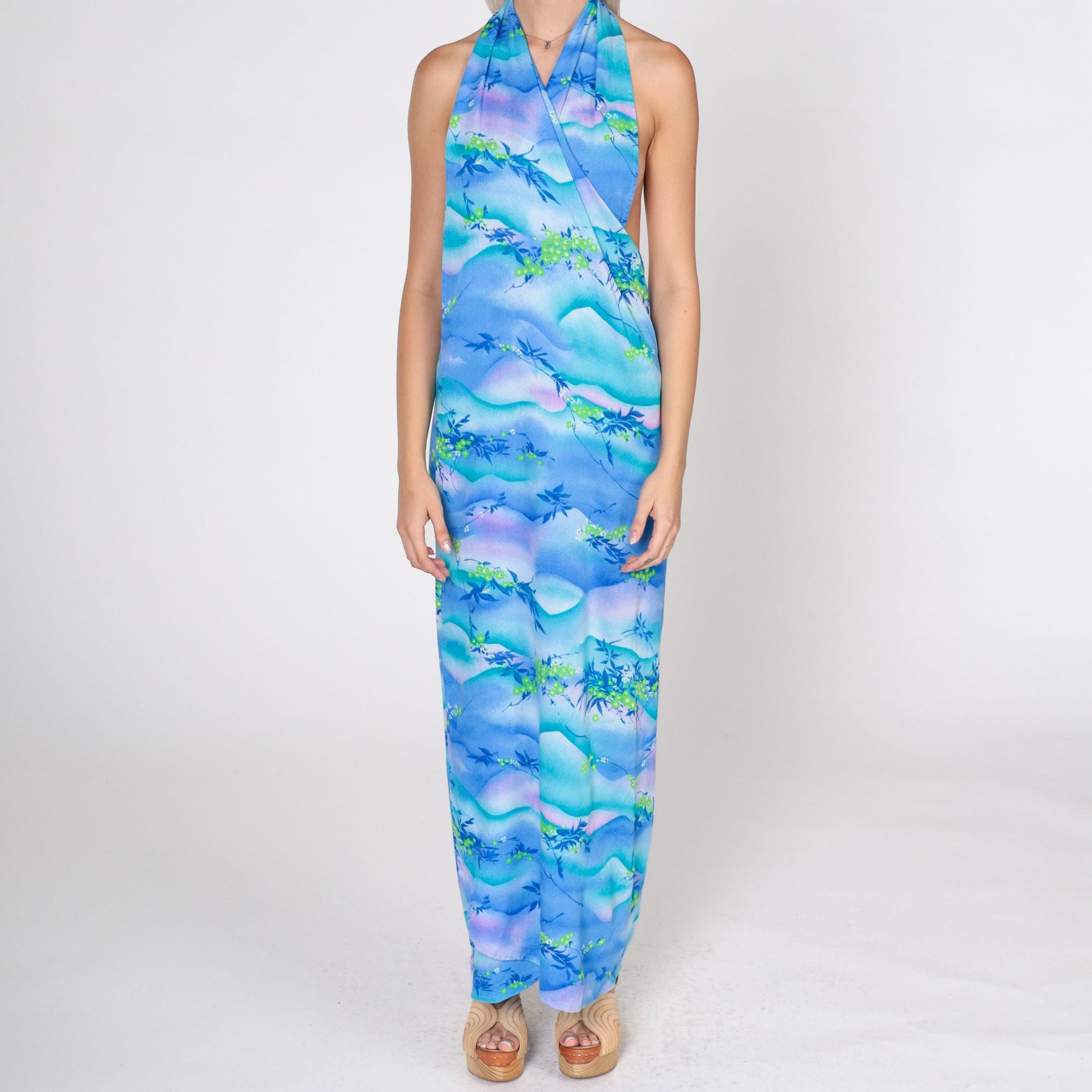 70s Blue Floral Halter Wrap Dress V-Neck Maxi Sundress Small Medium