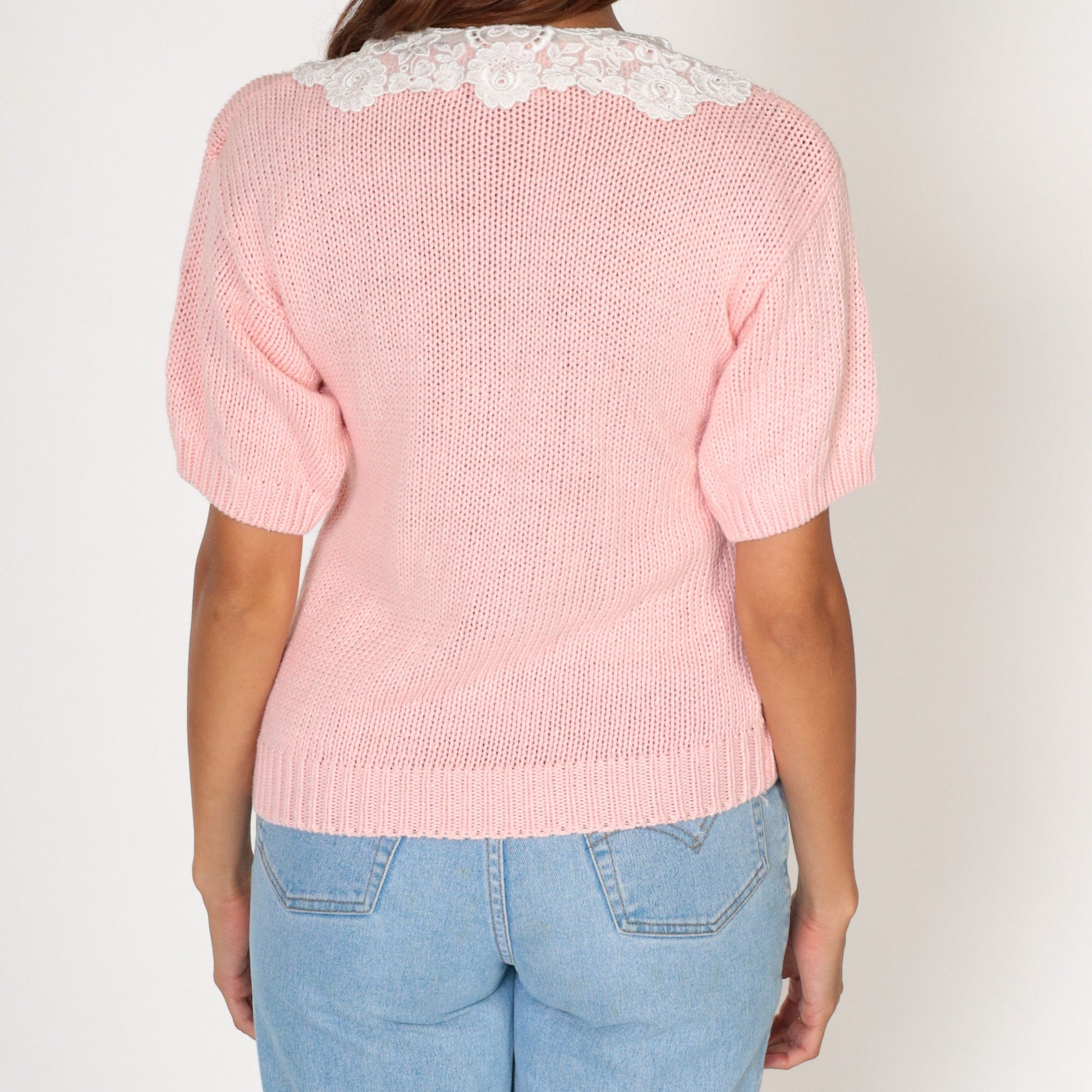 90s Baby Pink Knit Top Lace Granny Collar Short Sleeve Small