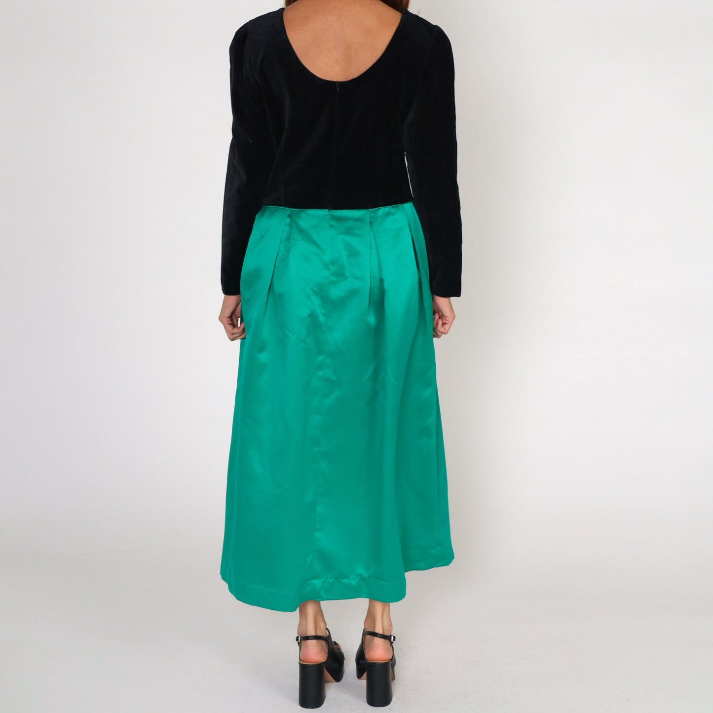 80s Susan Bristol Velvet Maxi Dress Black Green Basque Waist Long Sleeve Medium
