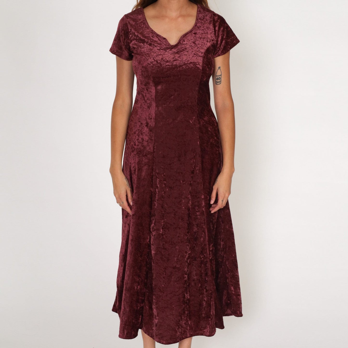 90s Maroon Velvet Maxi Dress Short Sleeve Strappy Back Small S