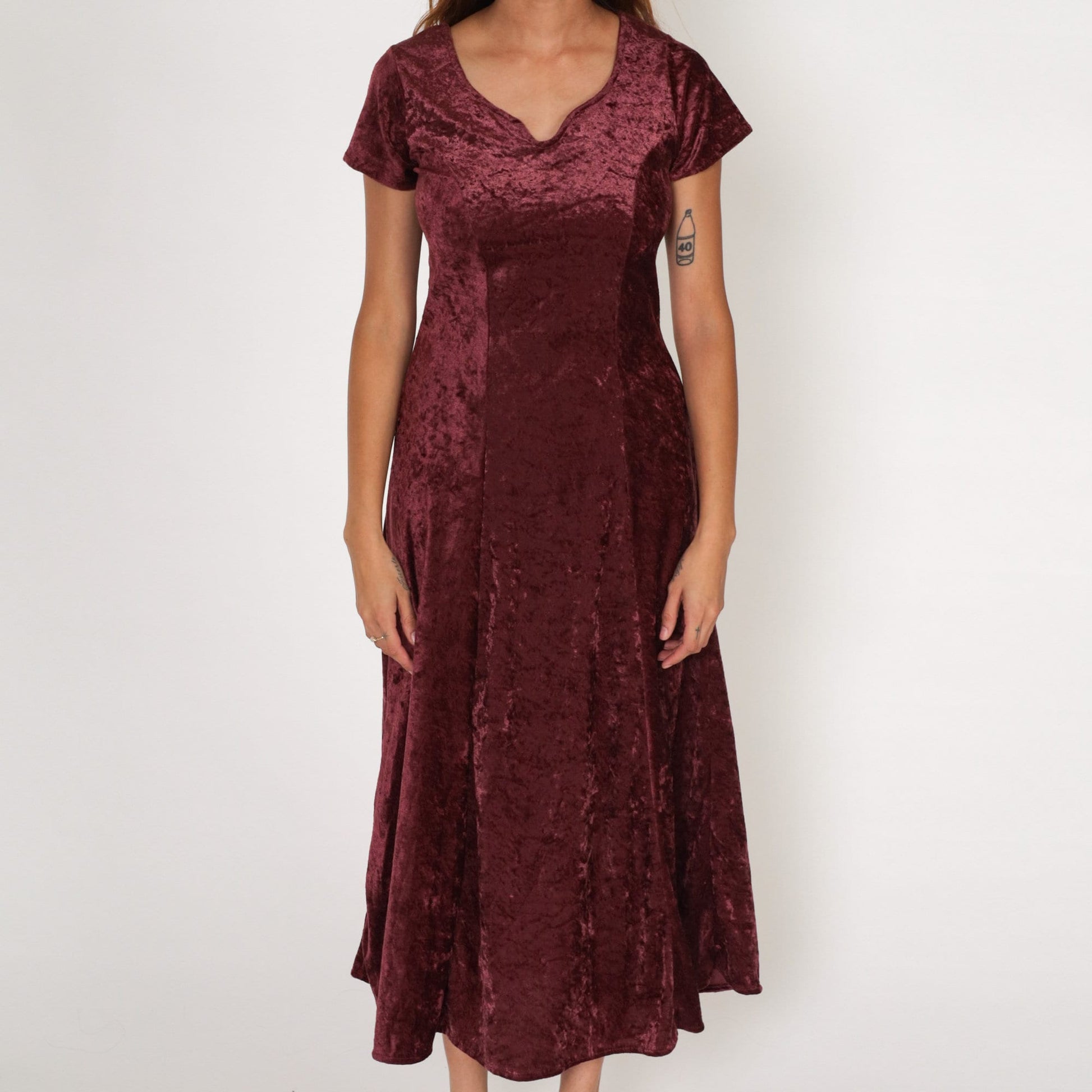 90s Maroon Velvet Maxi Dress Short Sleeve Strappy Back Small S