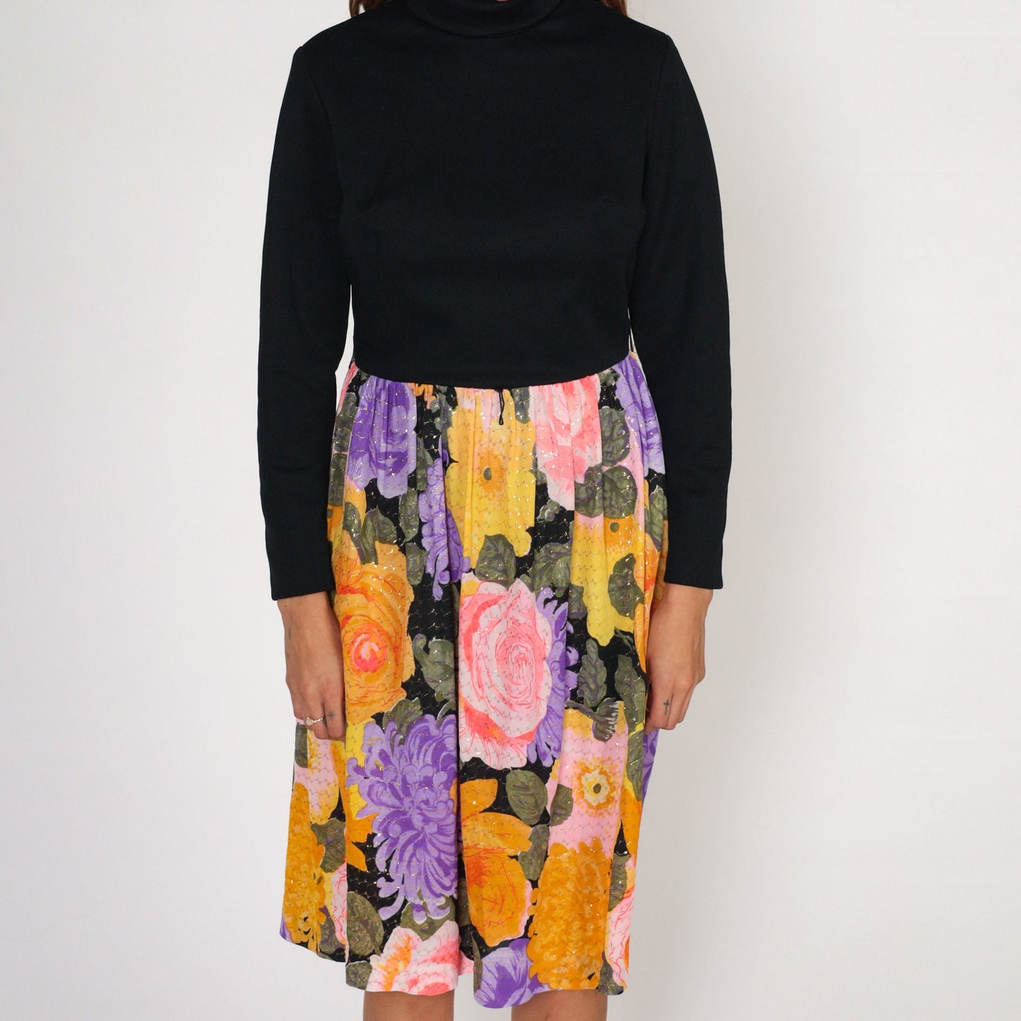 70s Metallic Floral Midi Dress Black Turtleneck Long Sleeve High Waisted Medium