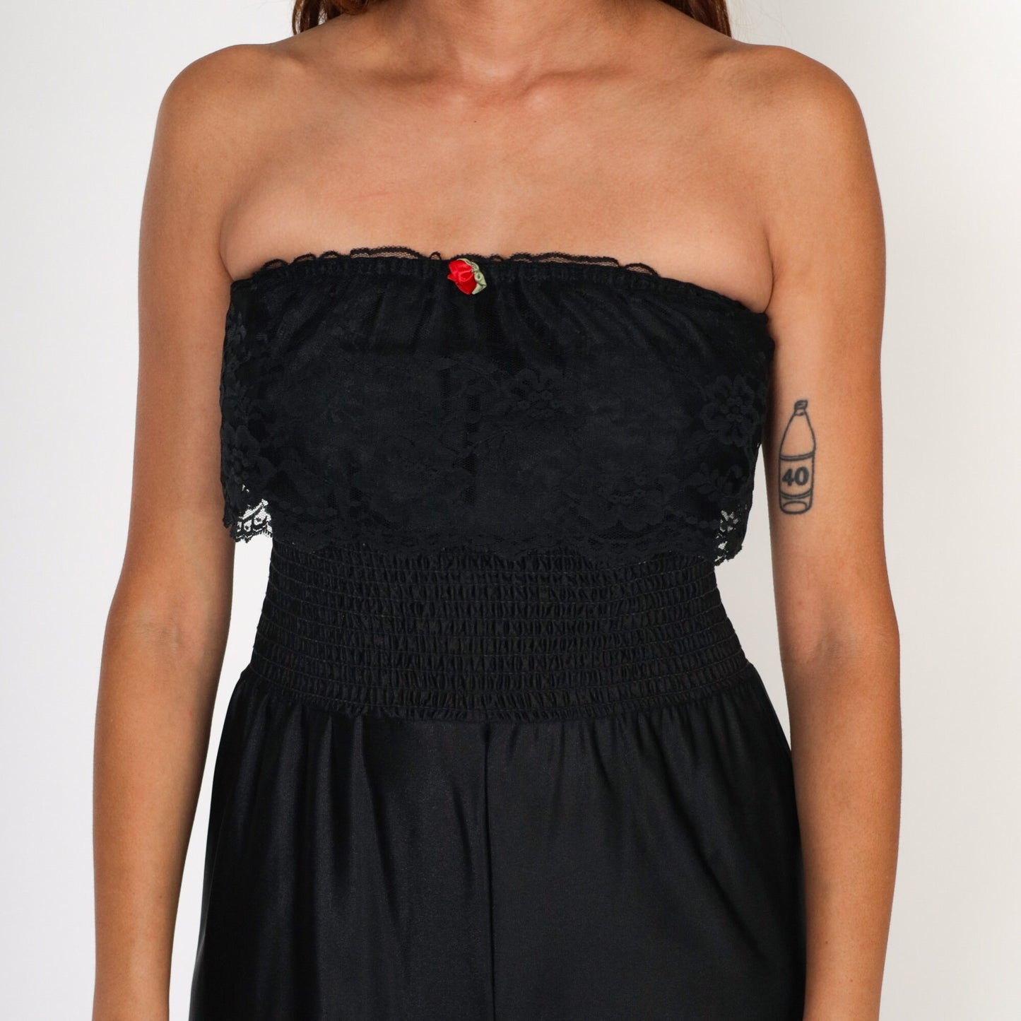 80s Black Nylon Lingerie Jumpsuit Strapless Smocked Lace High Waist Extra Small