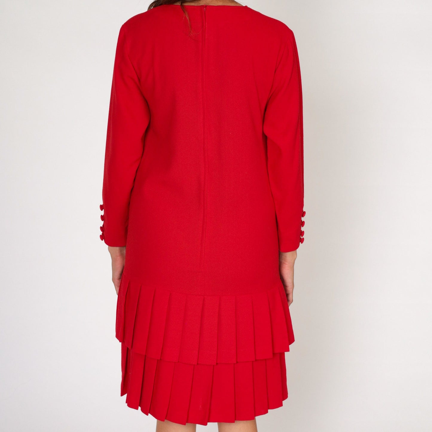 90s Red Mini Dress Drop Waist Pleated Tiered Long Sleeve Shift Small S