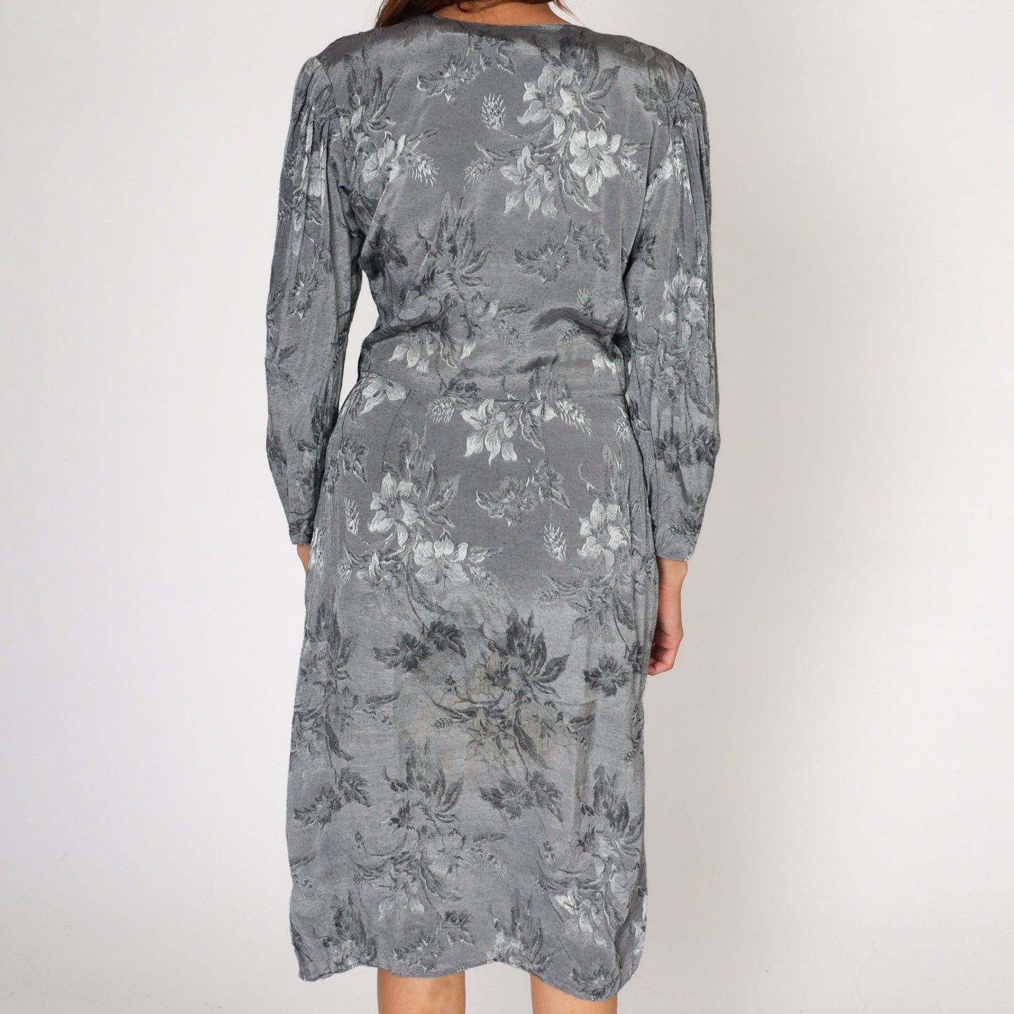 90s April Rain Floral Wrap Dress Grey Embossed Midi Deep V Neck Medium
