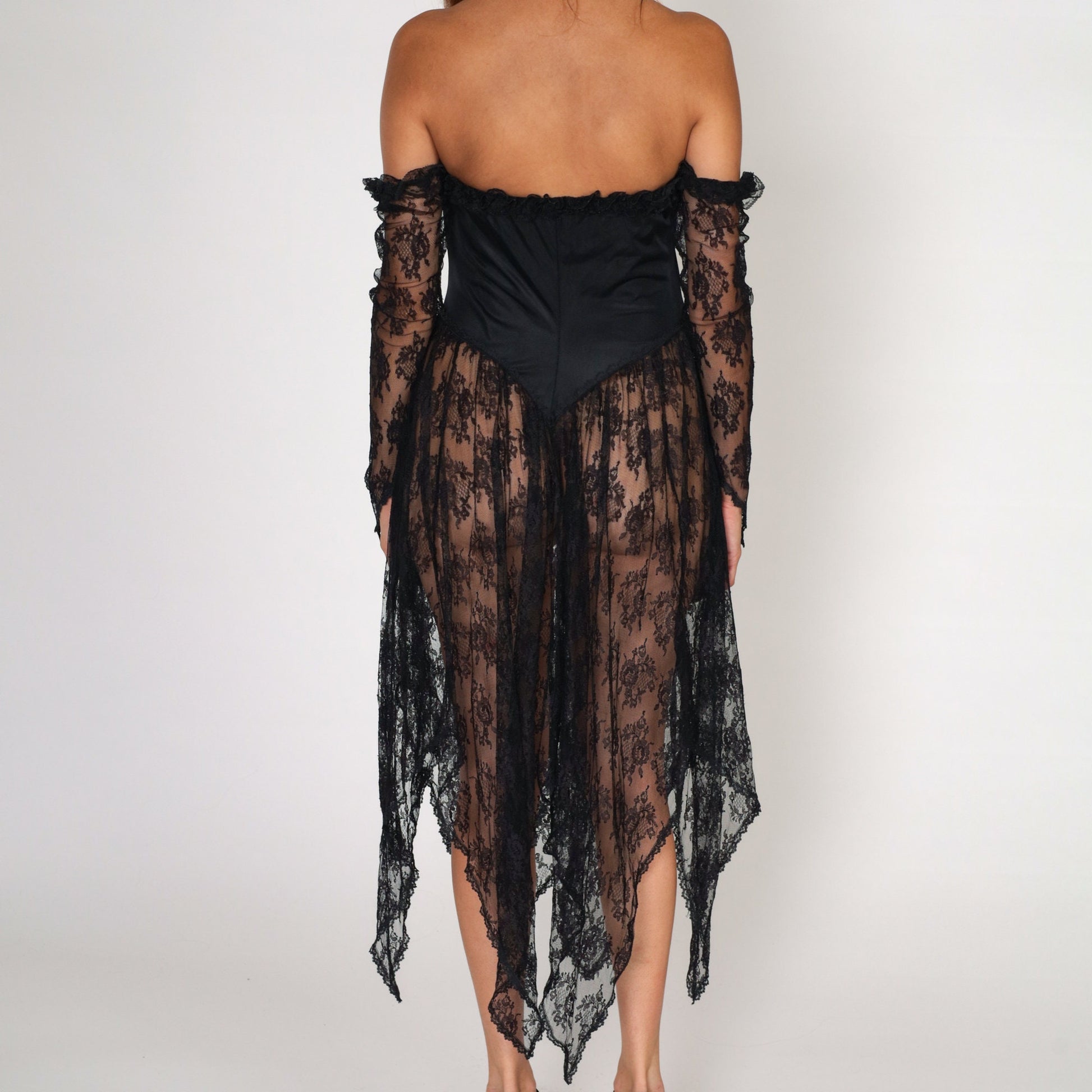80s Black Lace Midi Dress Off-Shoulder Basque Waist Hanky Hem Small