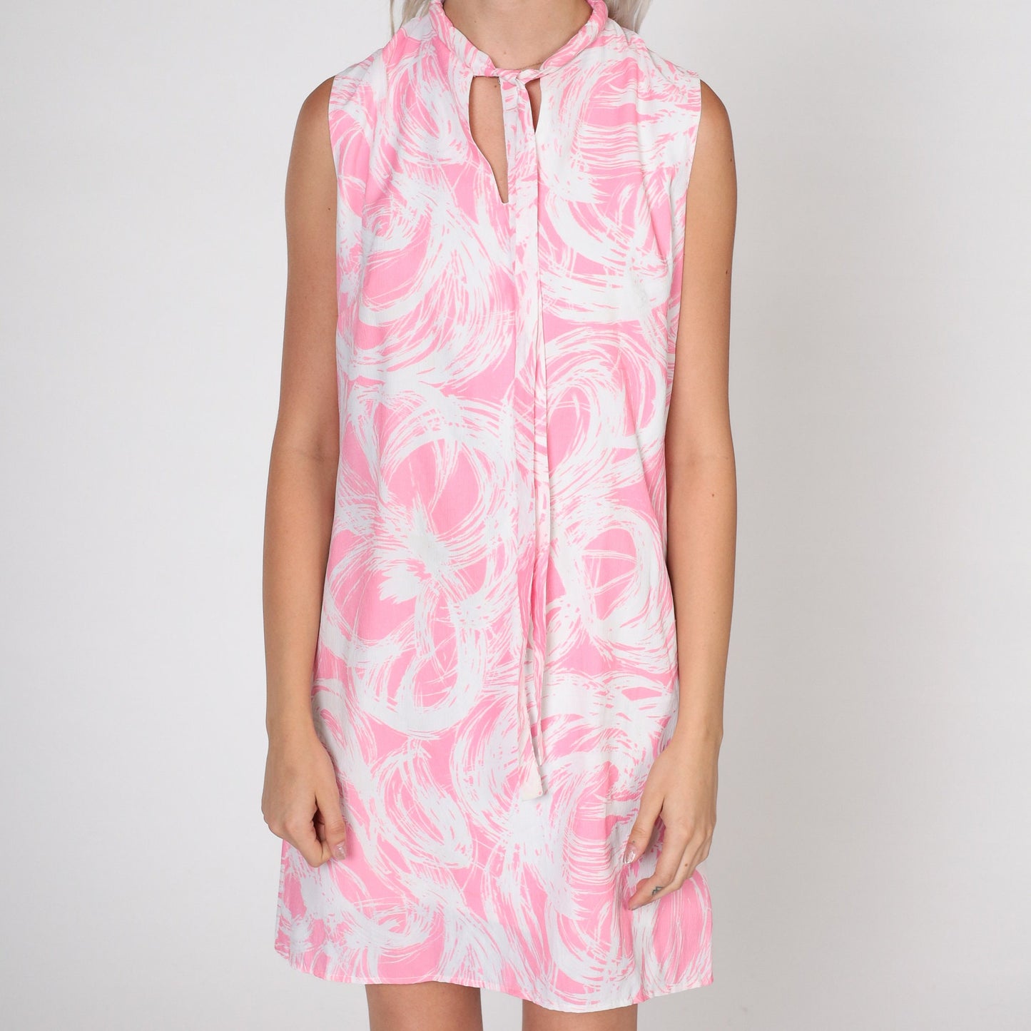 60s Mod Shift Dress Brushstroke Ascot Print Pink White Mini Small S