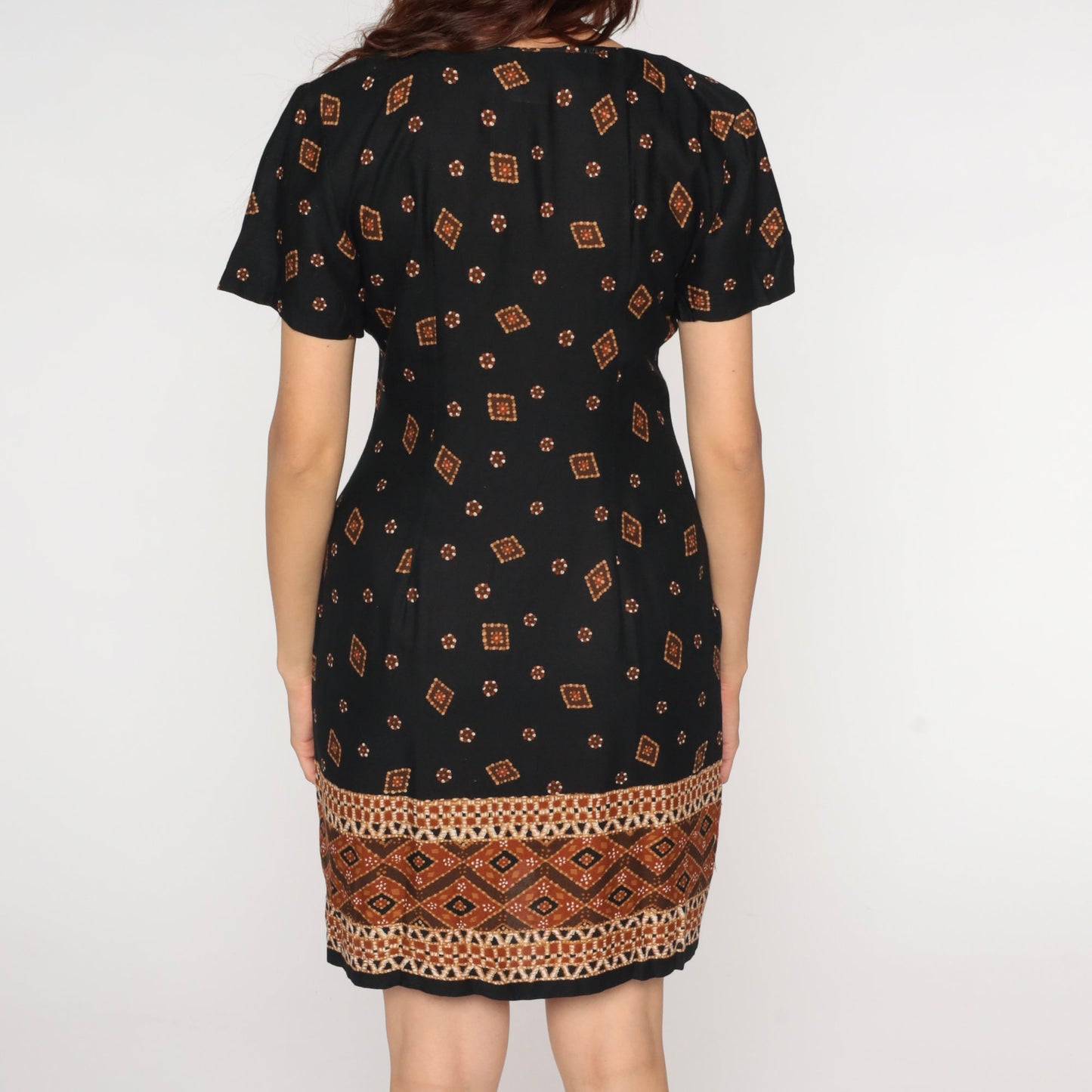 90s Black Geometric Print Button-Up Mini Dress Short Sleeve V-Neck Medium