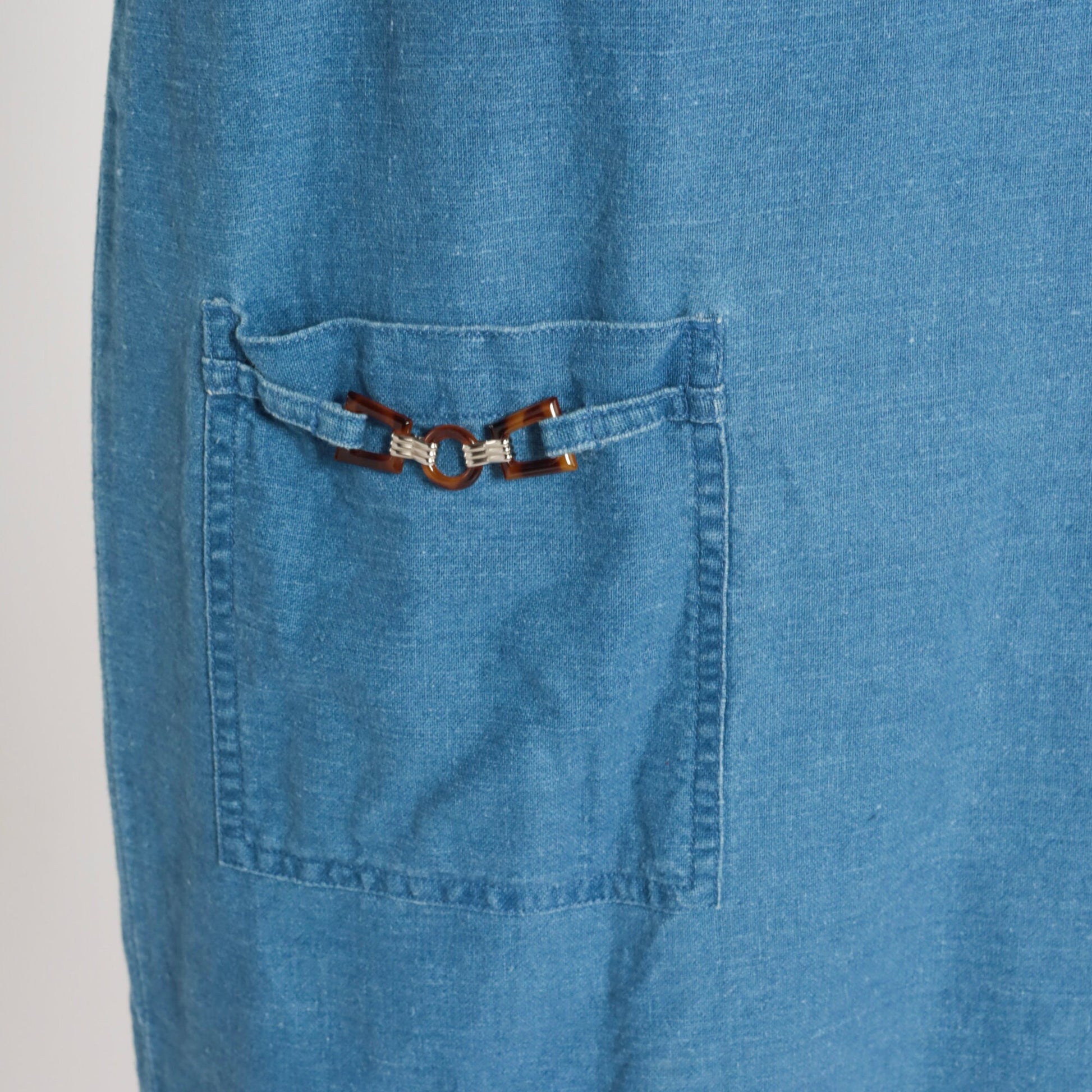 90s Blue Chambray Mini Dress Floral Embroidered Button Up Short Sleeve Medium
