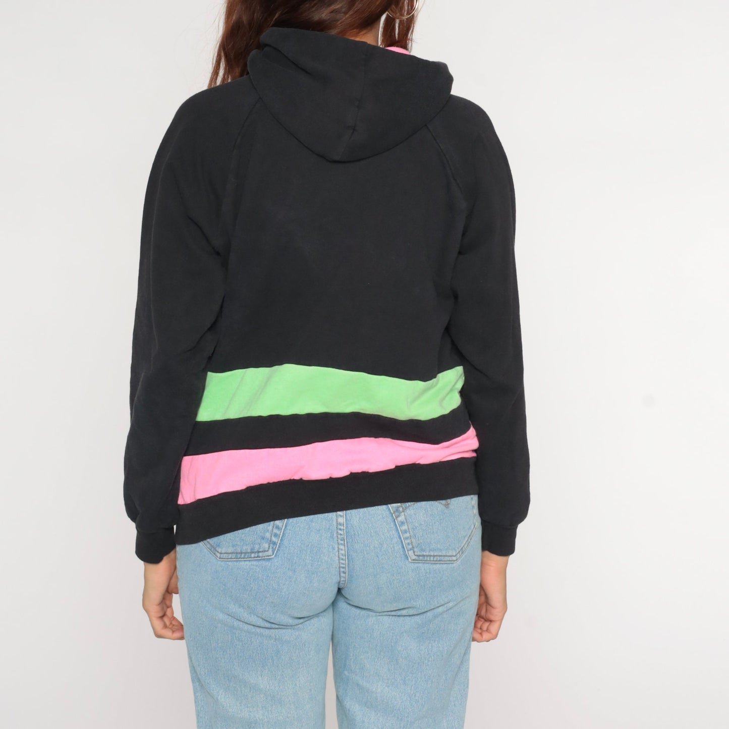 90s Whiskey Pete's Neon Striped Hoodie Black Pink Green Medium