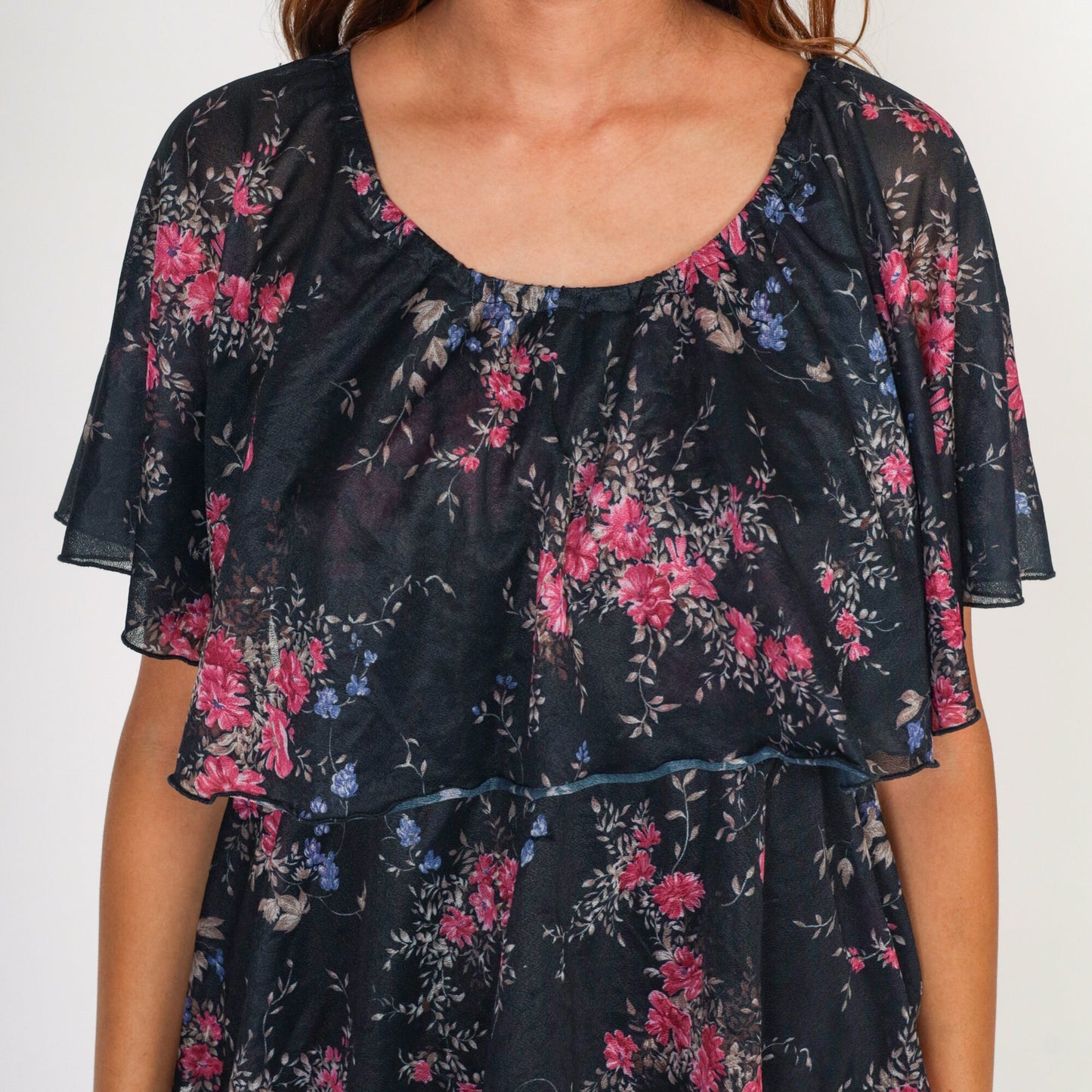 70s Black Floral Tiered Midi Dress Cape Flutter Sleeve Medium Large