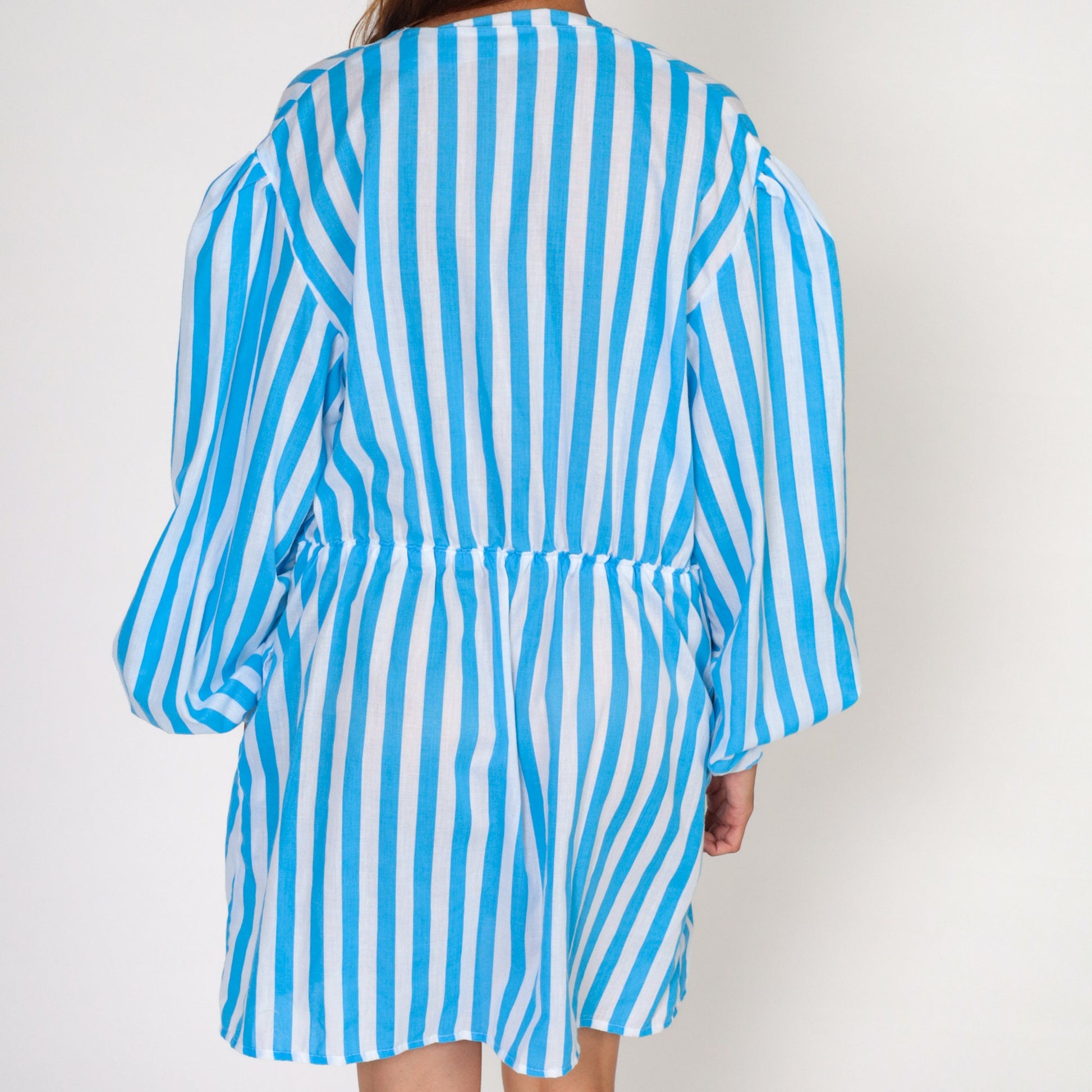 80s Striped Mini Dress Blue White Double Breasted Puff Sleeve Collared Large