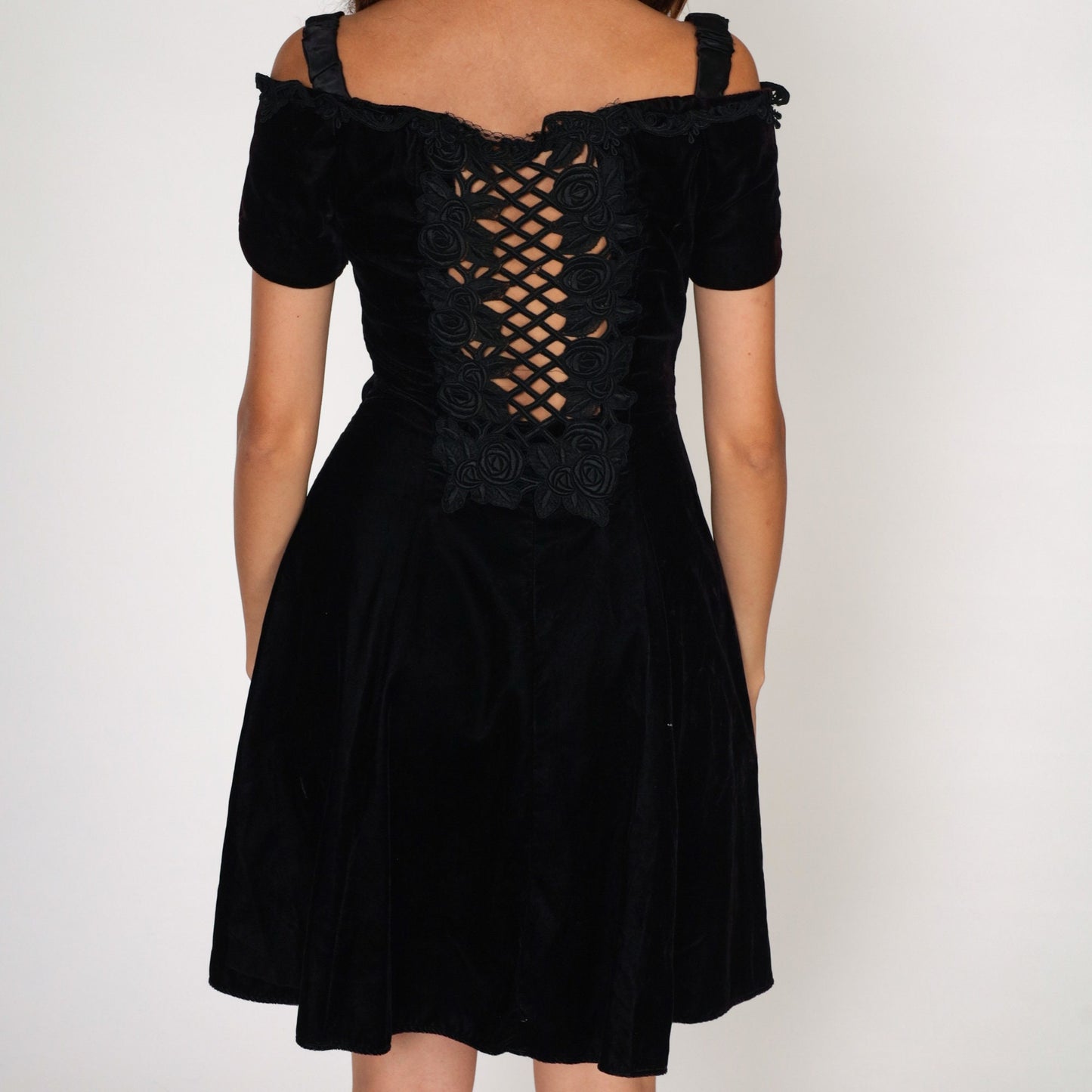90s Scott McClintock Black Velvet Mini Dress Off-Shoulder Cutout Small