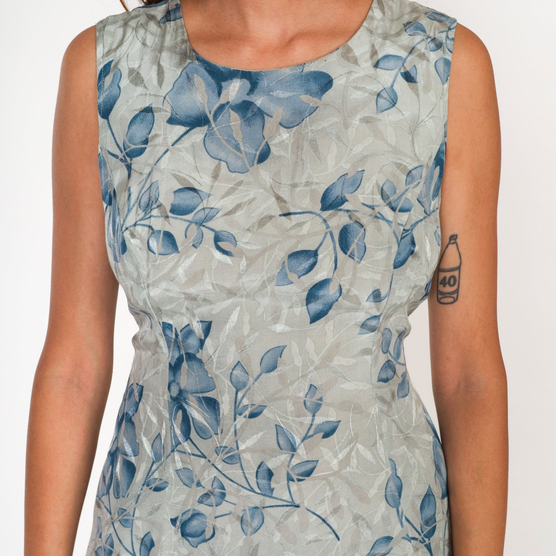 00s Fashion Bug Floral Midi Dress Grey Blue Embossed Leaf Sleeveless Medium 10