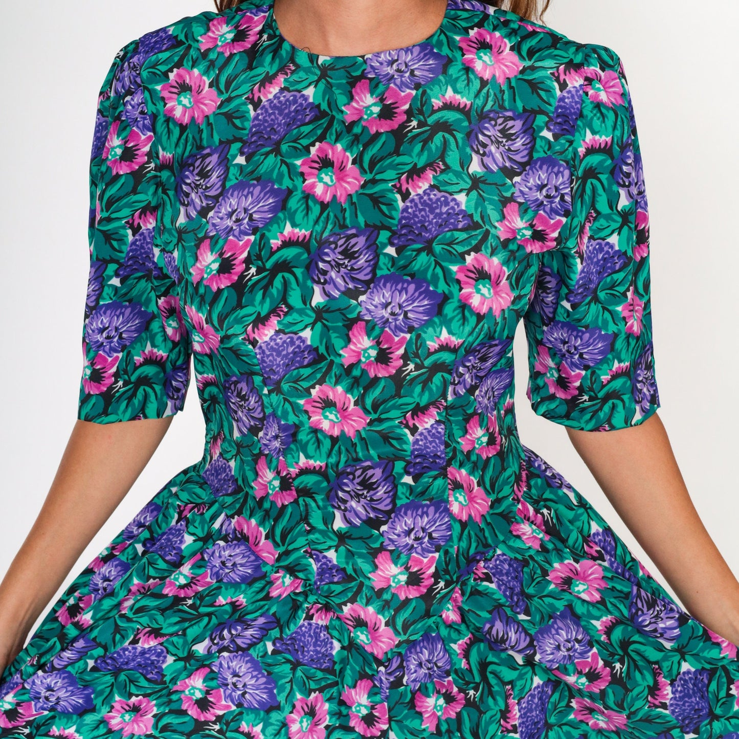 80s Floral Midi Dress Puff Sleeve Basque Waist Pink Purple Green Small