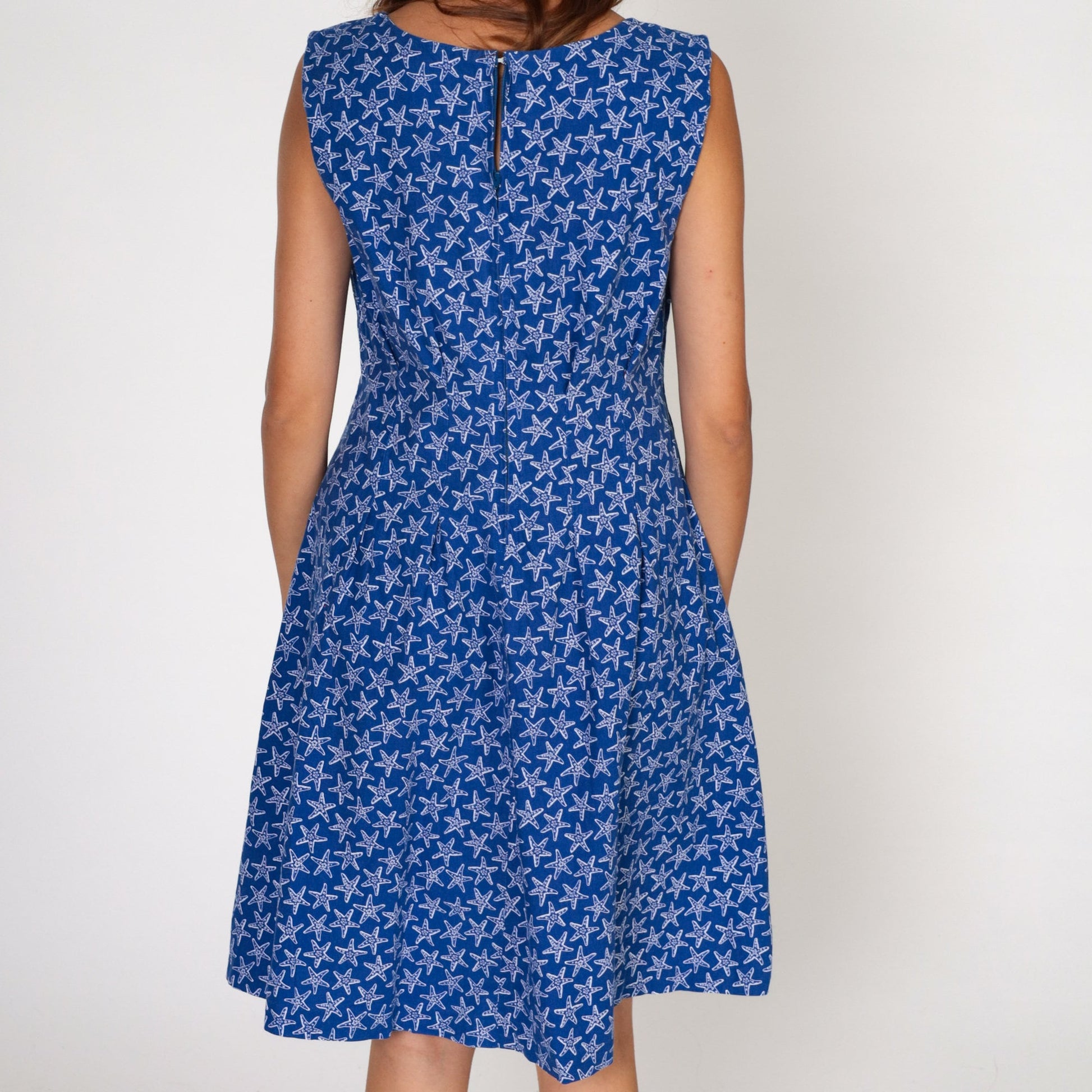 80s Starfish Print Sundress Blue Sleeveless Fit Flare Medium