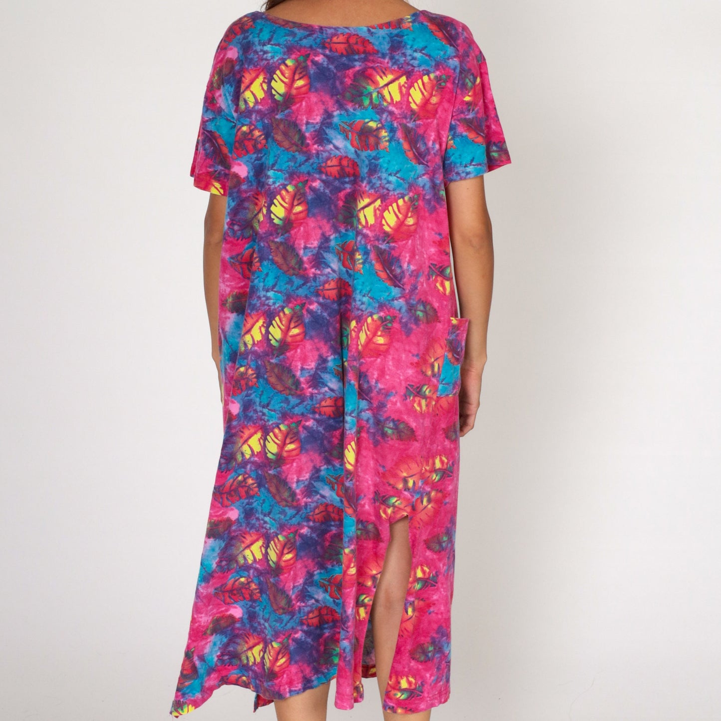 90s Tie Dye Leaf Print T-Shirt Dress Shift Cut Pockets Large