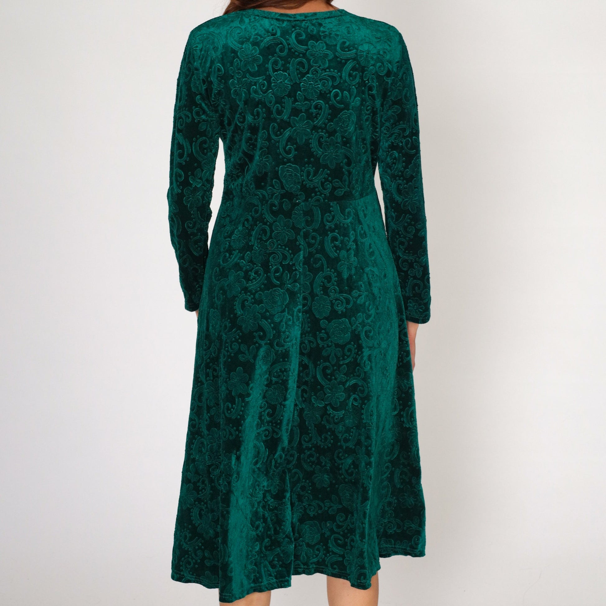 90s Green Floral Velvet Mini Dress Empire Waist Long Sleeve Medium Large