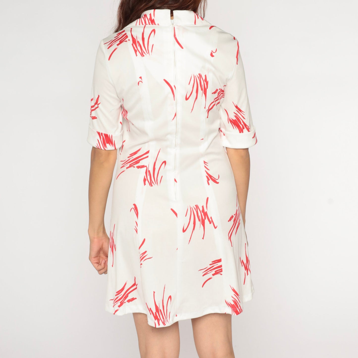 70s Mini Dress White Red Brushstroke Shift V-Neck Short Sleeve Small S