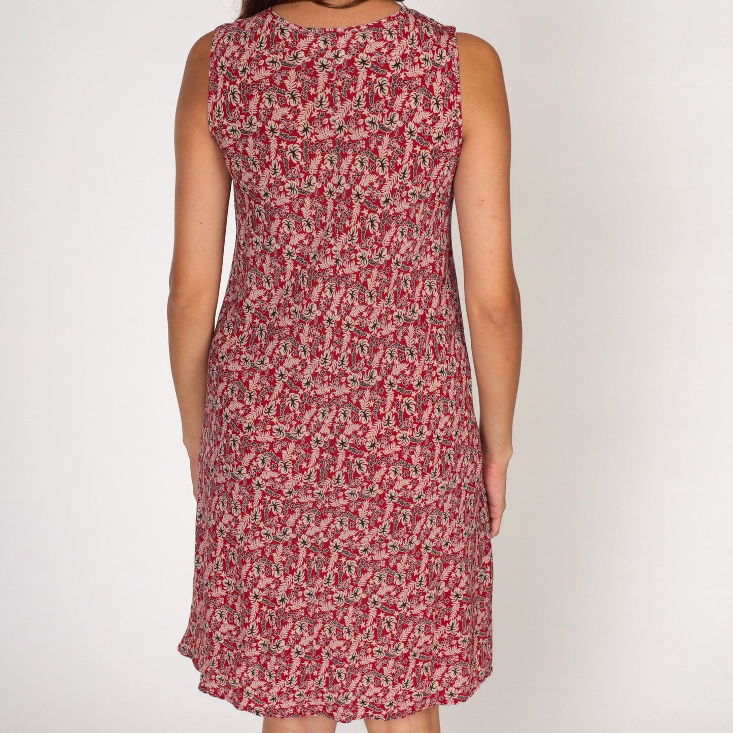 90s Hawaiian Floral Red Hibiscus Shift Dress Sleeveless Knee-Length Small
