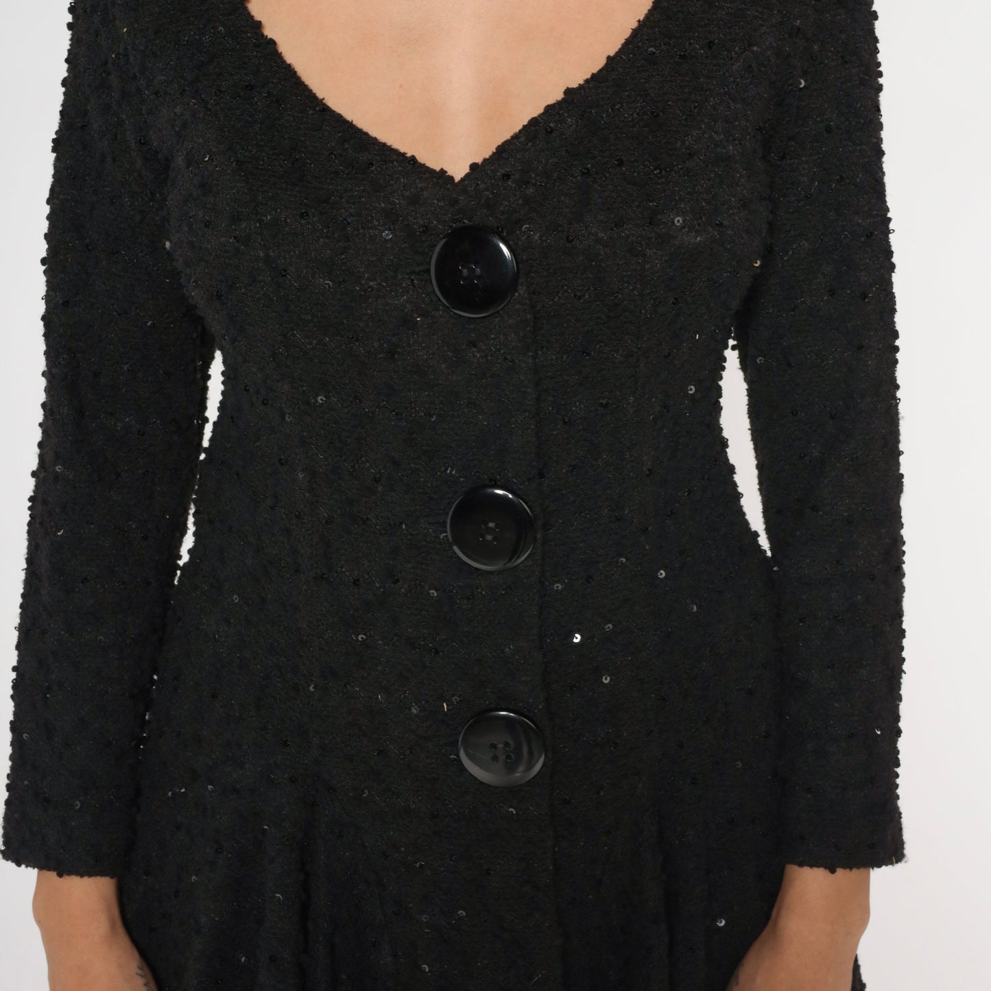 Y2K Black Sequin Knit Jacket High Low Plunge Button Up Extra Small XS