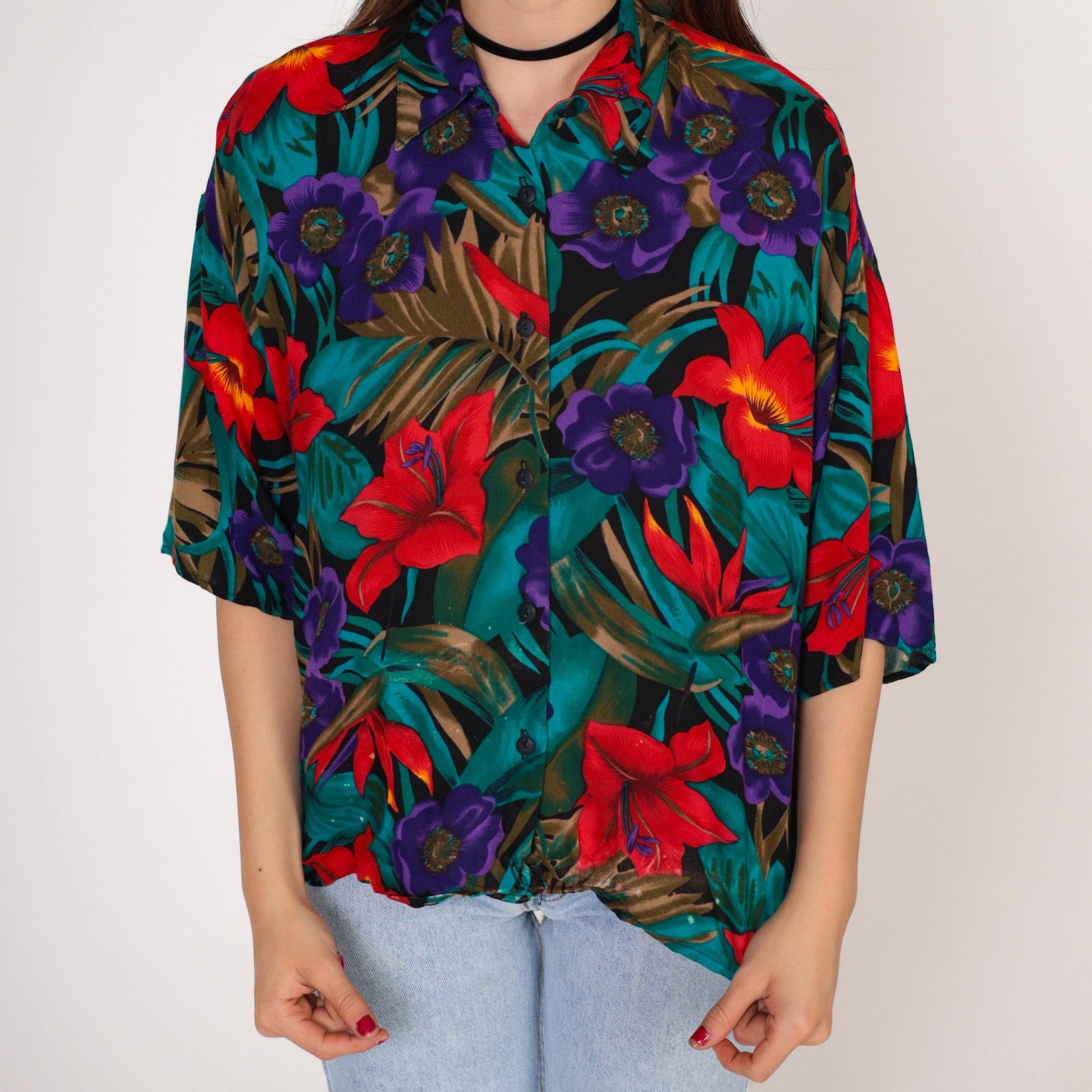 90s Avanti Tropical Floral Hibiscus Button-Up Shirt Purple Red Blue Large L