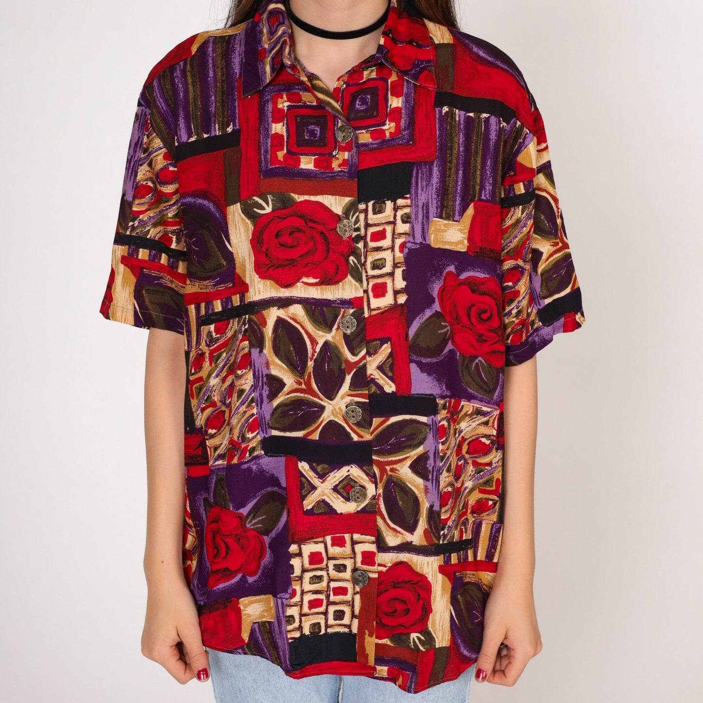 90s Jessica Scott Floral Button-Up Blouse Short Sleeve Rose Print Red Purple Medium