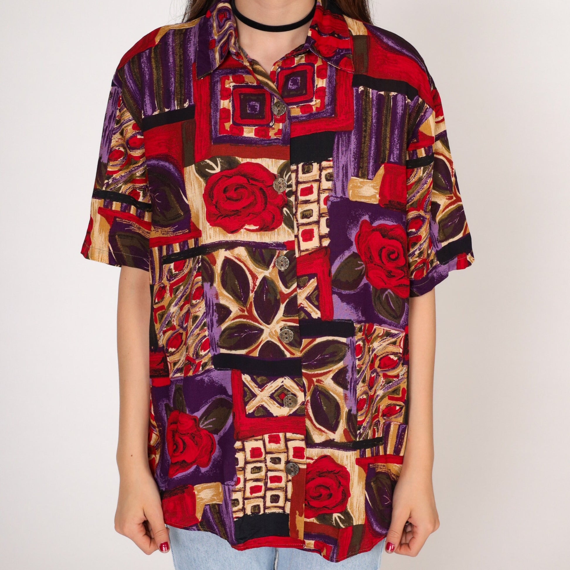 90s Jessica Scott Floral Button-Up Blouse Short Sleeve Rose Print Red Purple Medium