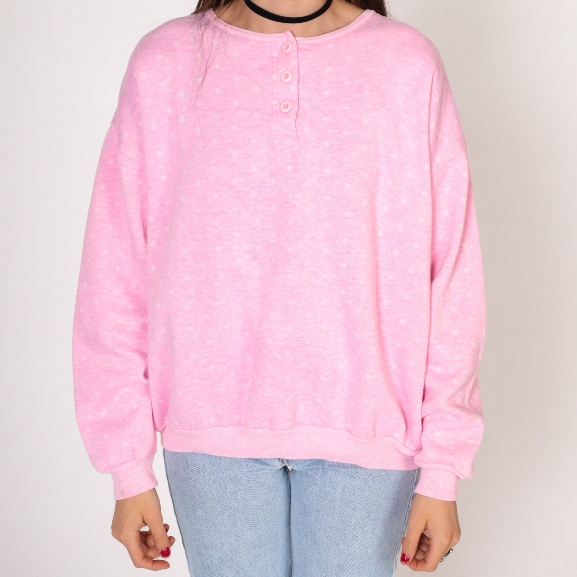 90s Polka Dot Henley Sweatshirt Pink White Quarter Button Long Sleeve Large L