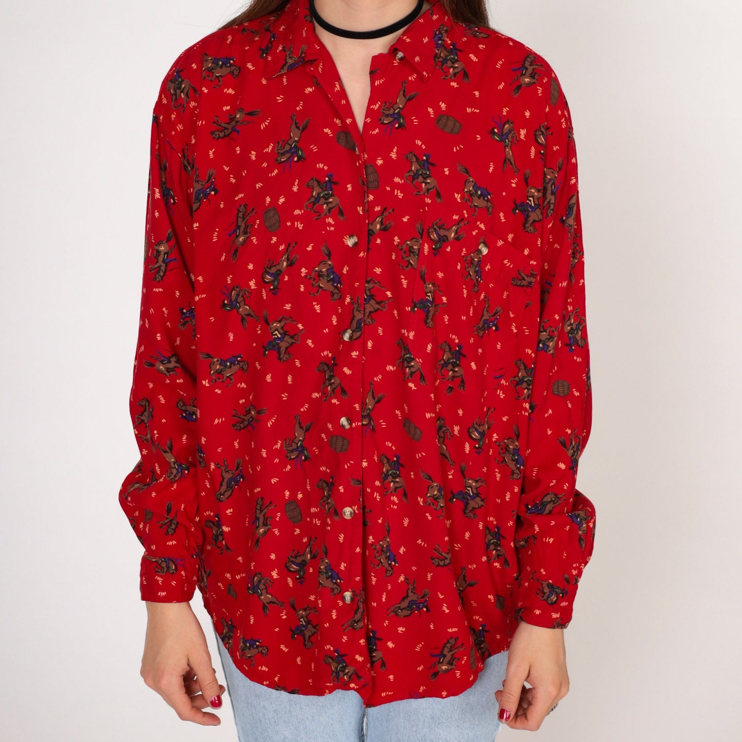 90s Ilio Rodeo Blouse Red Barrel Racing Bucking Bronco Print Button Up Medium M
