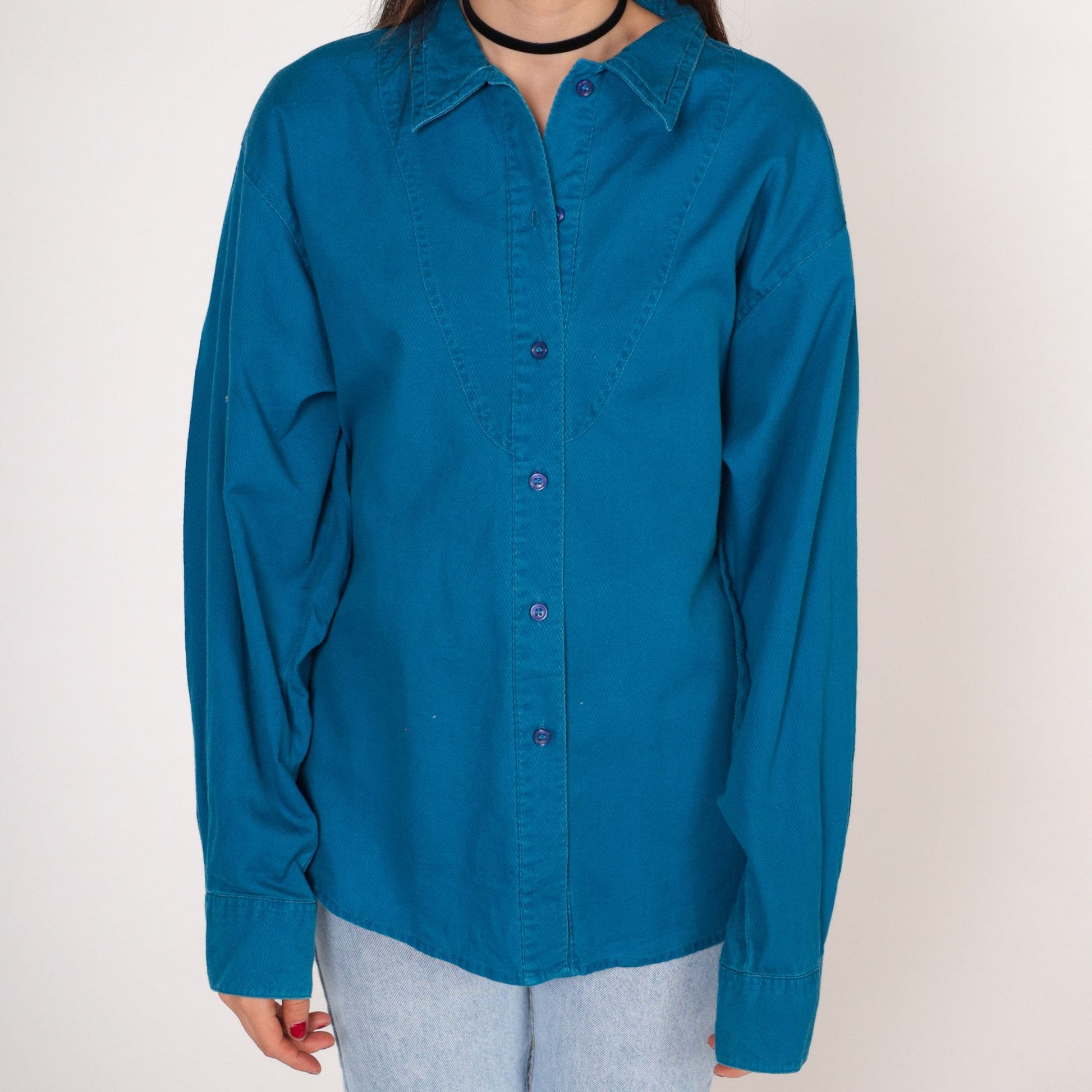 90s Wrangler Blue Western Blouse Lace-Up Back Button-Up Long Sleeve Medium