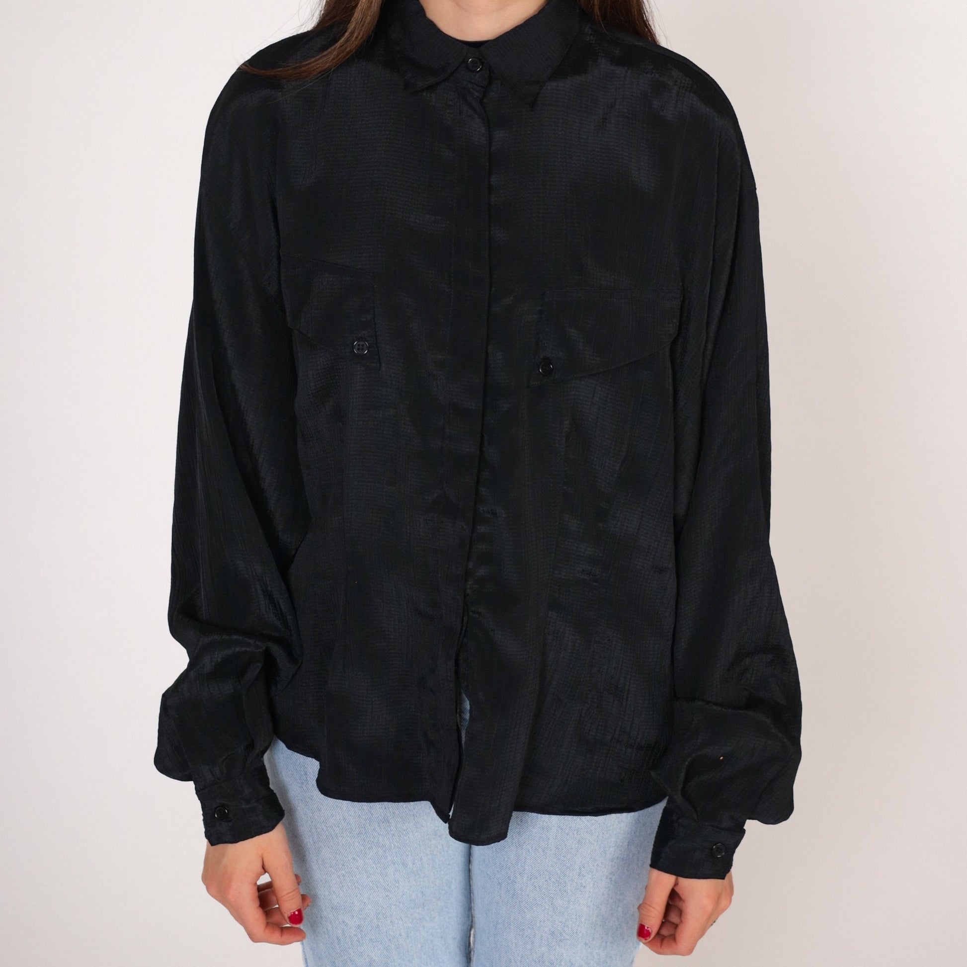 90s Forenza Black Button-Up Blouse Shiny Striped Long Sleeve Collared Medium