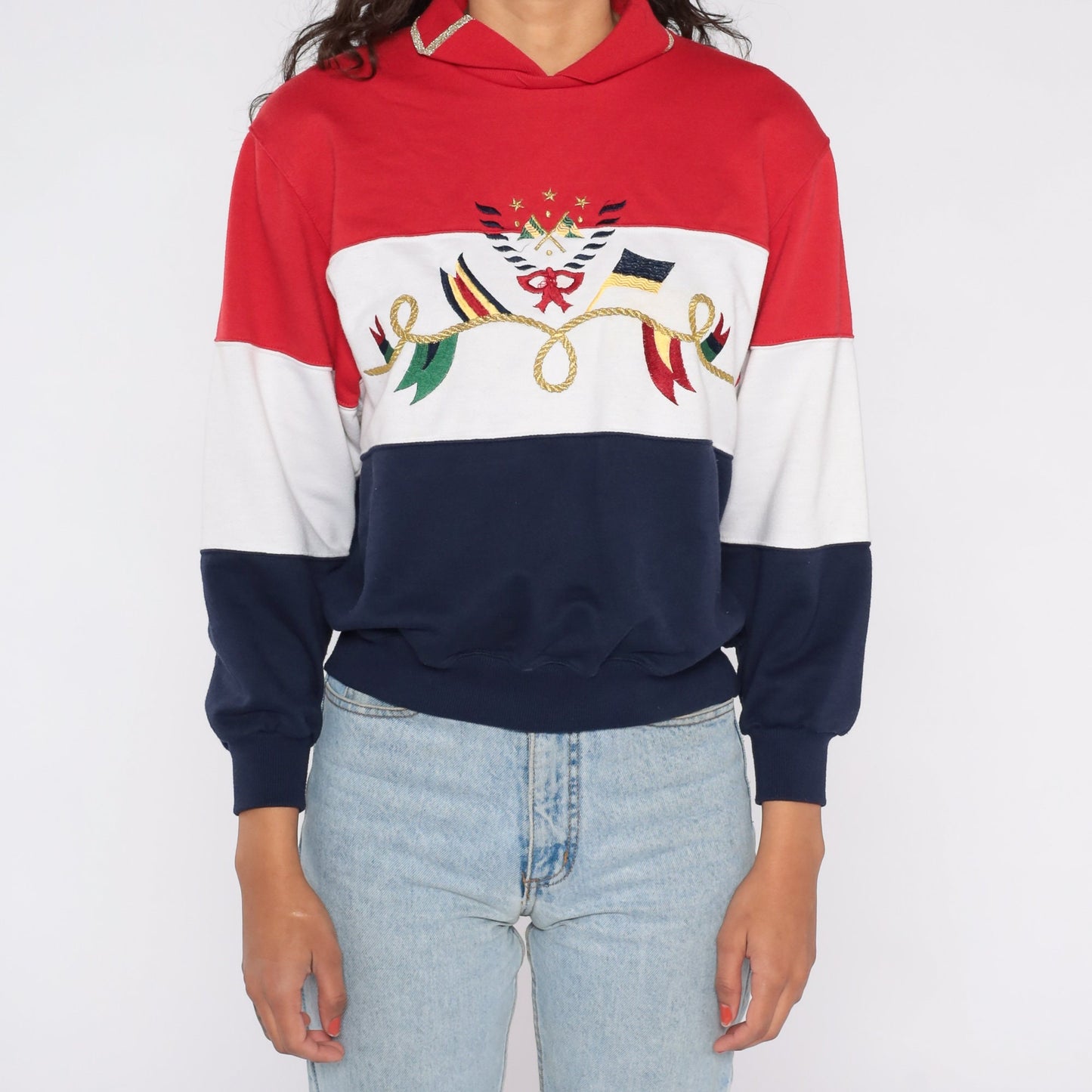 90s Nautical Flag Sweatshirt Alfred Dunner Striped Collared Pullover Small S