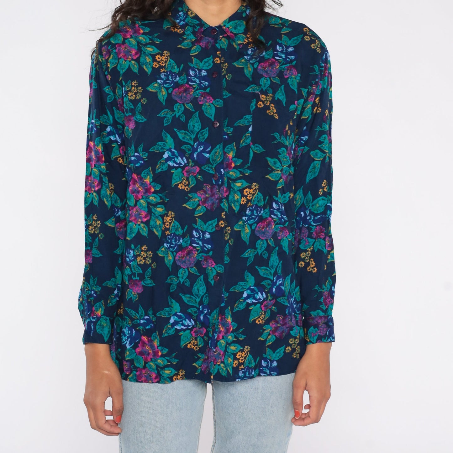 90s Floral Rayon Blouse Navy Blue Button Up Shirt Long Sleeve Medium