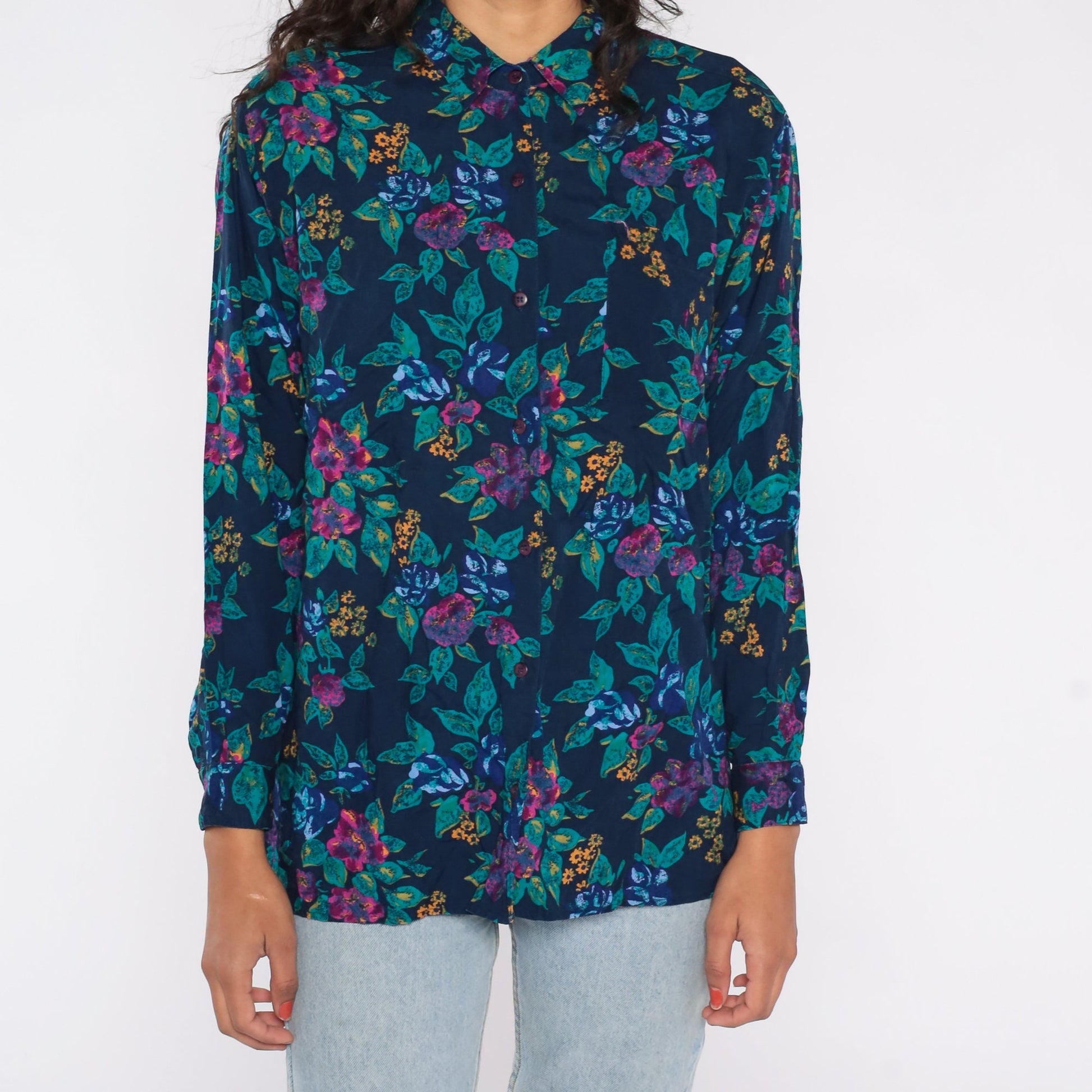 90s Floral Rayon Blouse Navy Blue Button Up Shirt Long Sleeve Medium