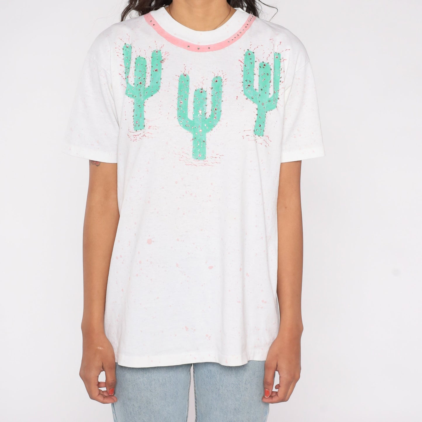 90s Saguaro Cactus Rhinestone Paint Splatter Graphic Tee White Medium