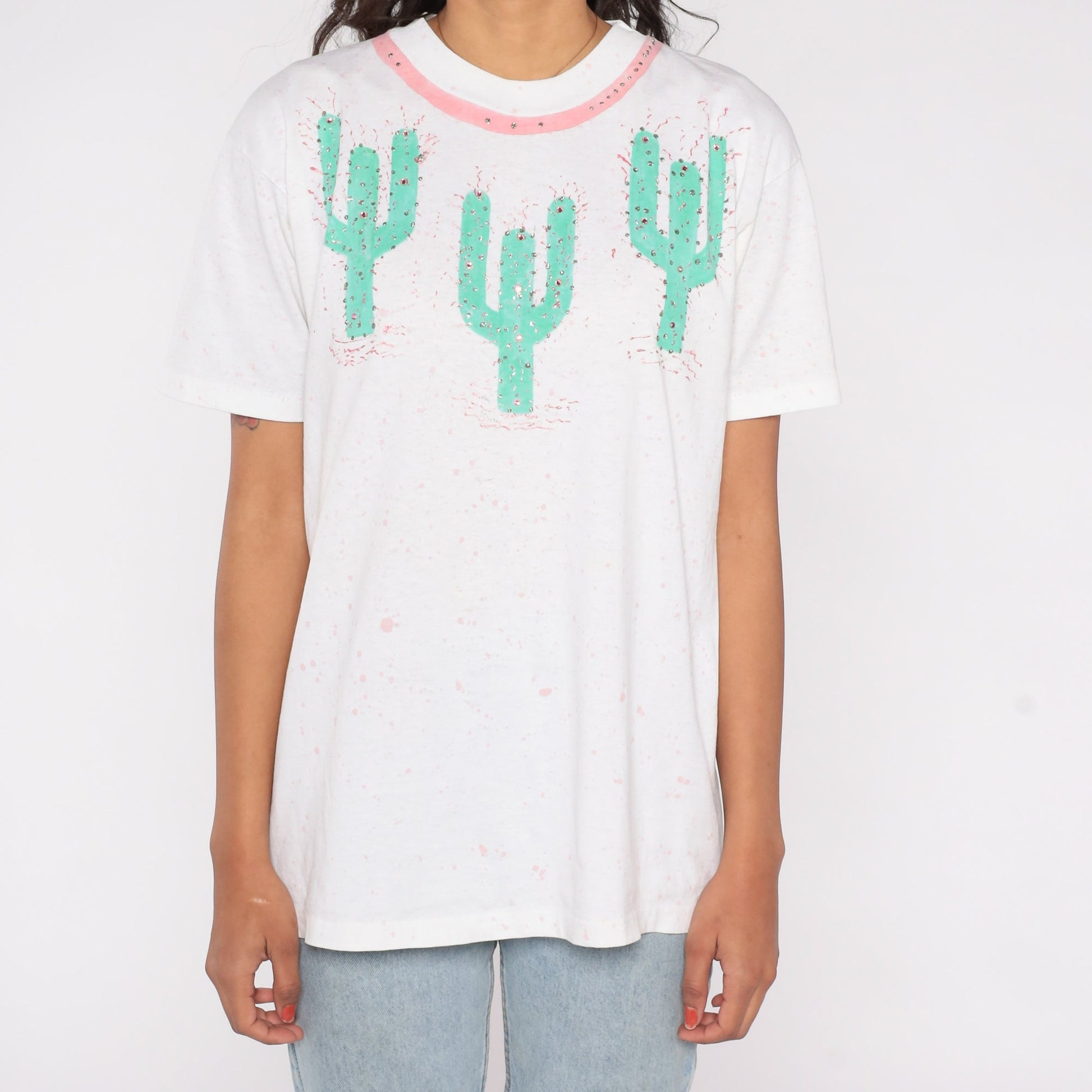 90s Saguaro Cactus Rhinestone Paint Splatter Graphic Tee White Medium