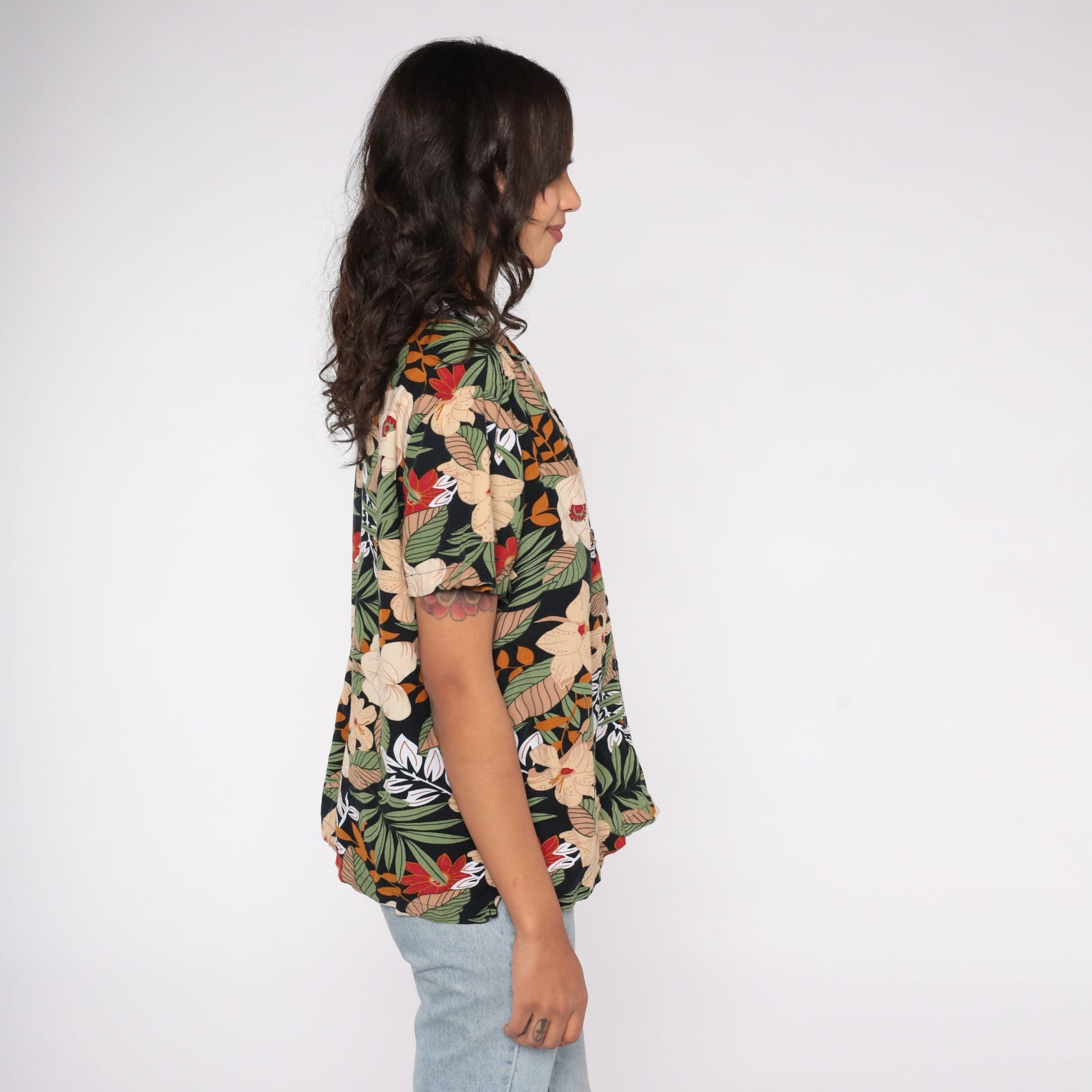 90s Tropical Floral Button Up Blouse Tan Leaf Print Short Sleeve Large L