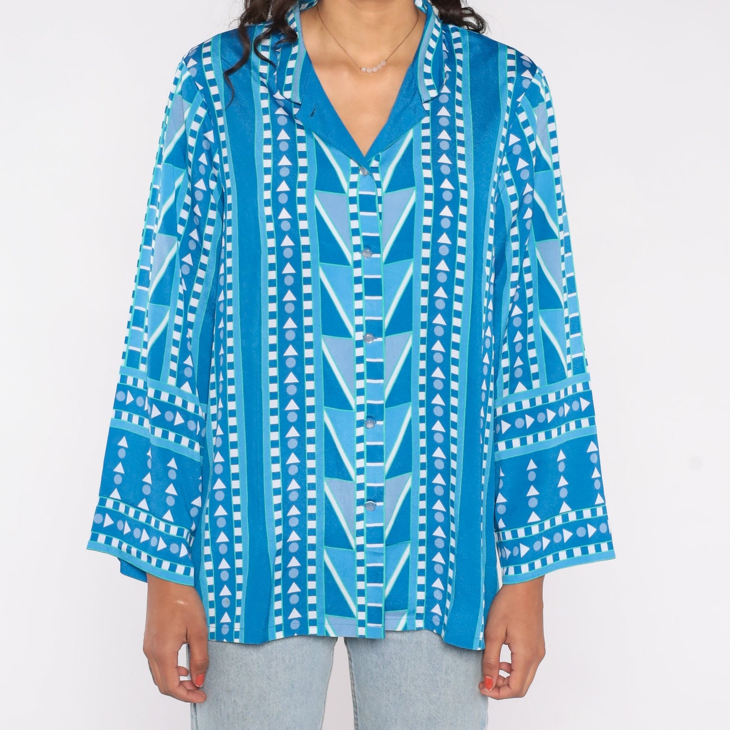 90s Bob Mackie Geometric Print Button-Up Blouse Blue Large