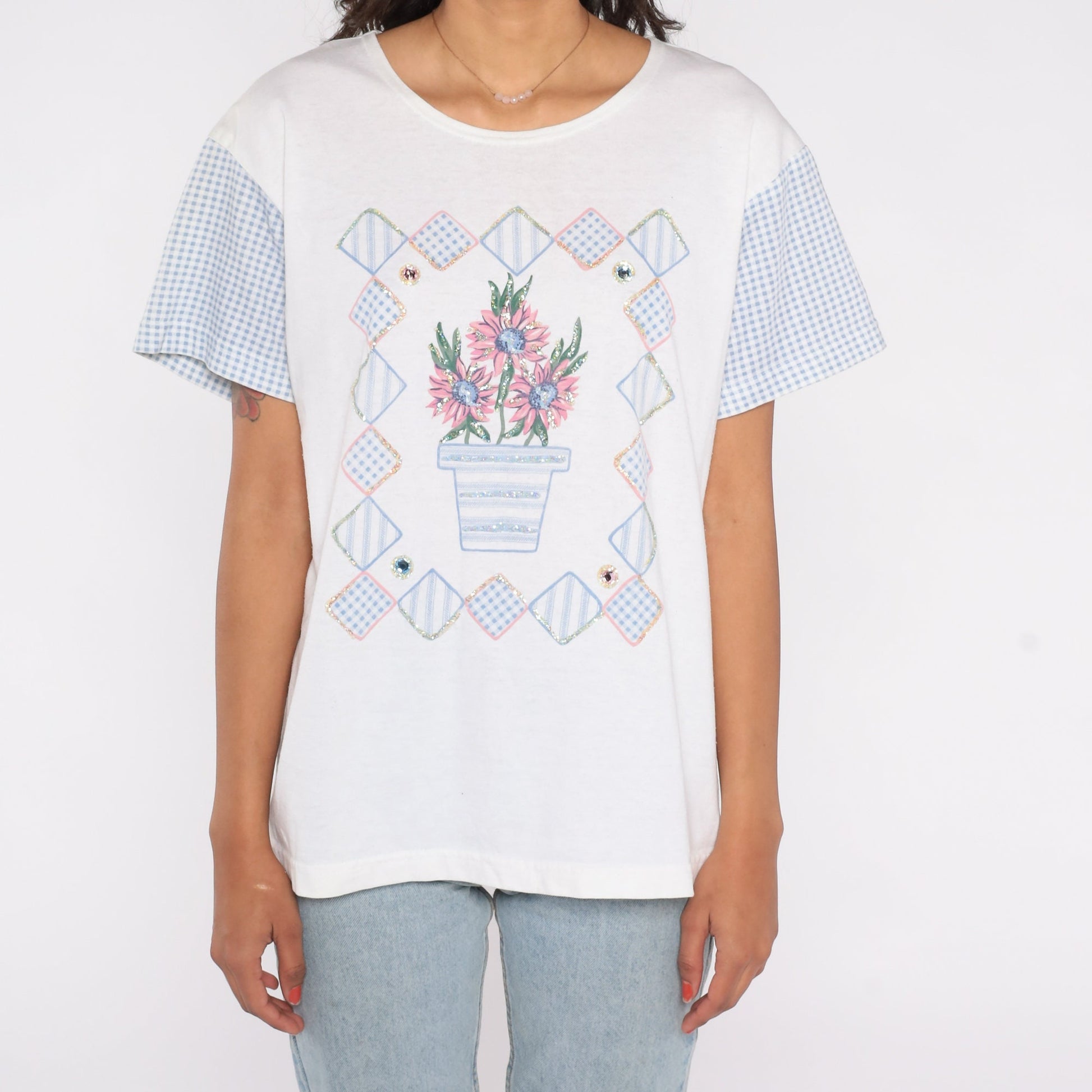 90s Floral Beaded T-Shirt White Glitter Graphic Tee Rhinestone Medium