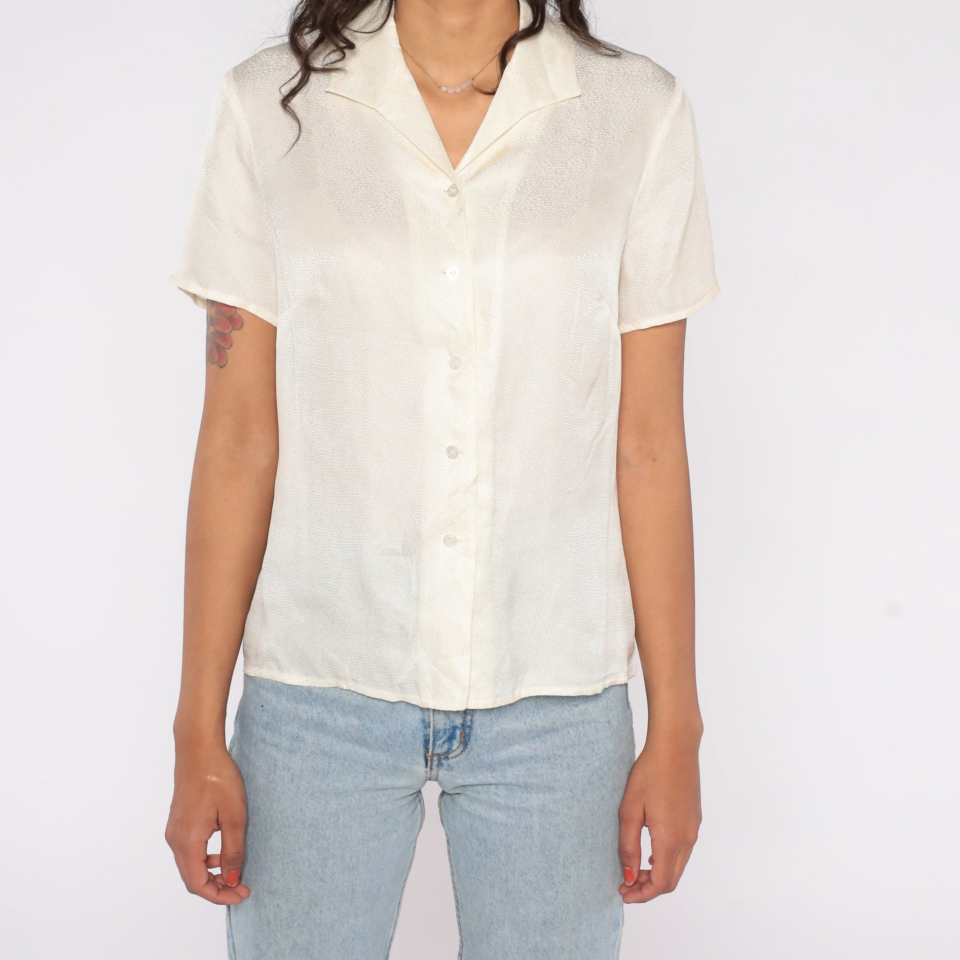 Y2K Liz Claiborne White Snakeskin Print Silk Blouse Short Sleeve Small