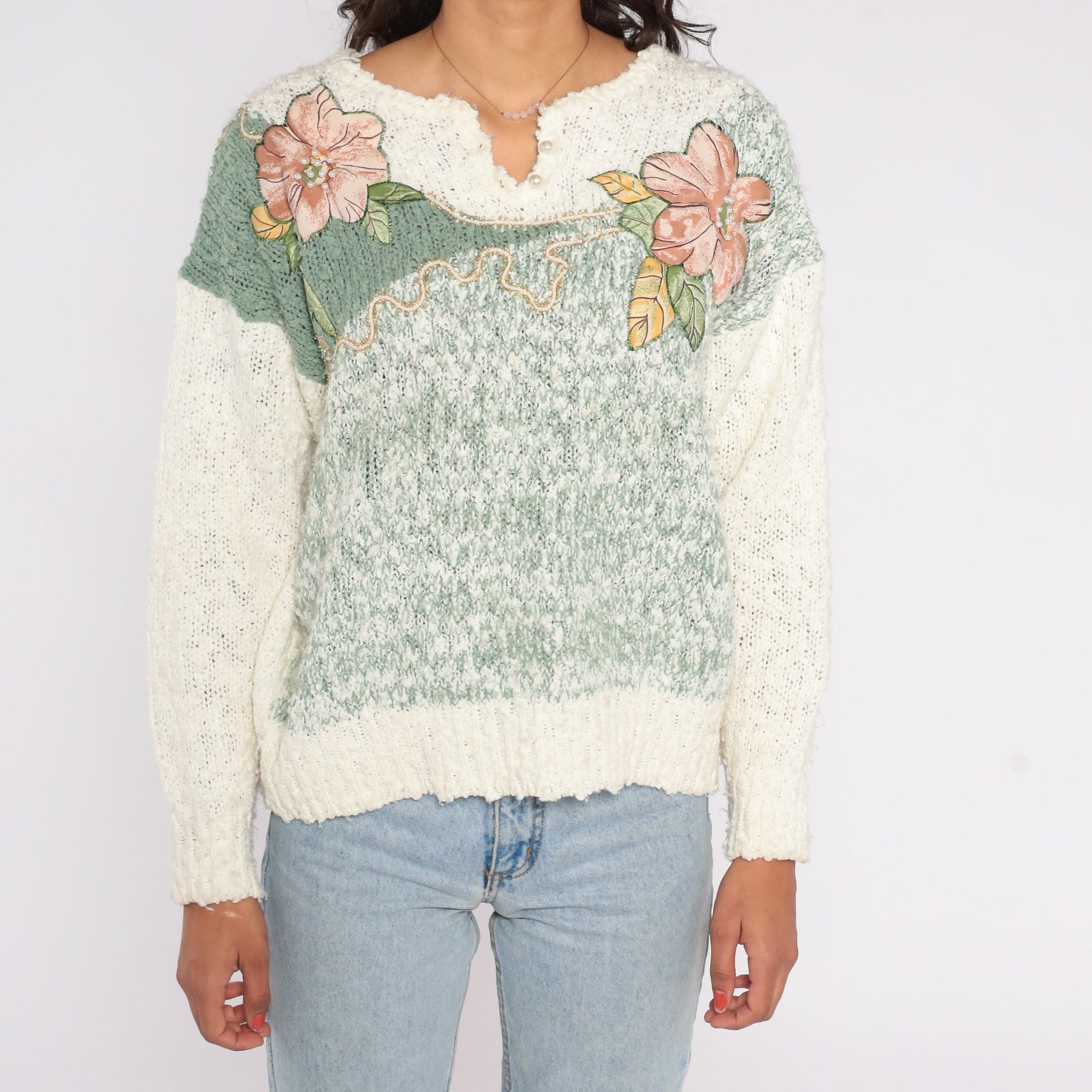 80s Floral Beaded Sweater Off-White Pearl Knit Pullover Large