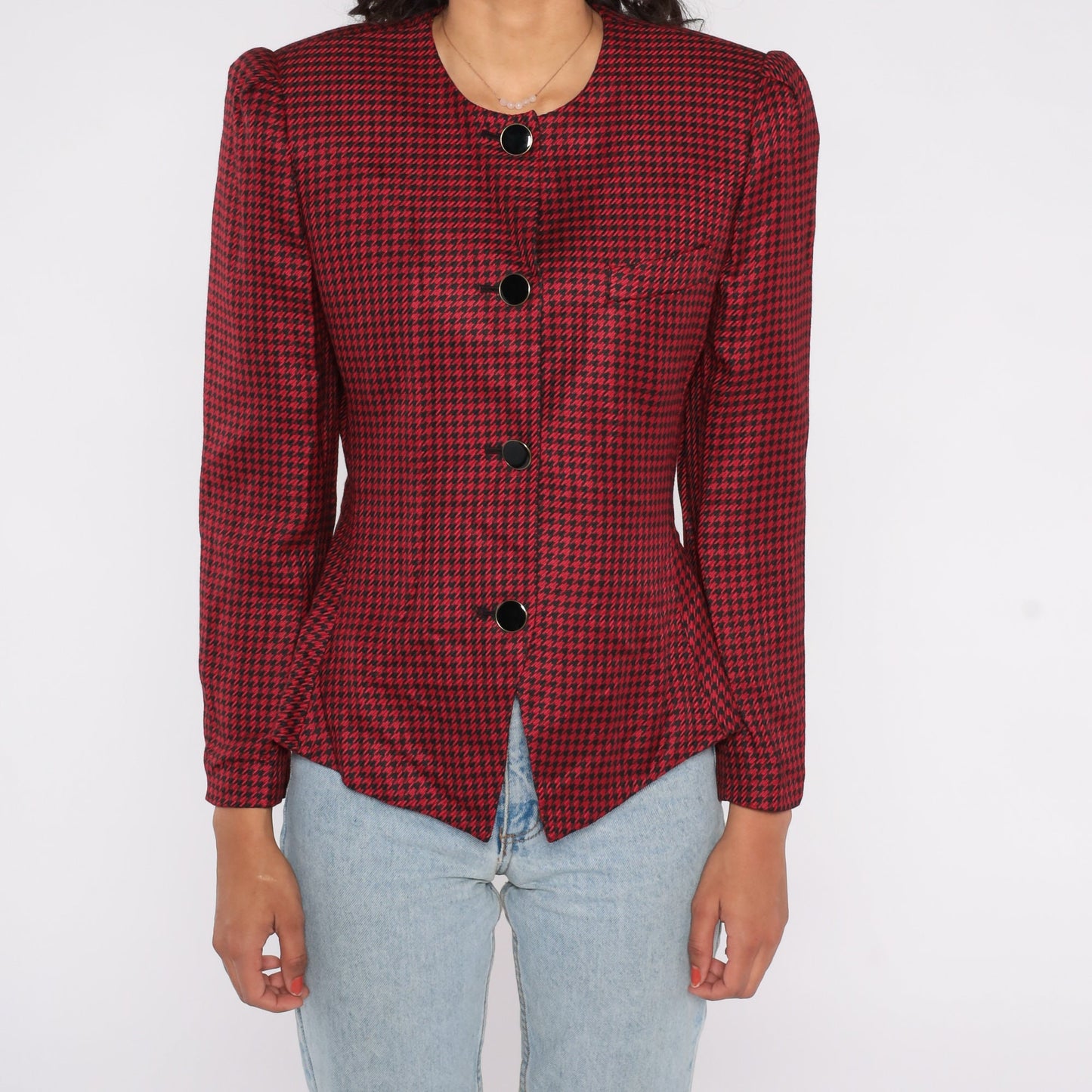 80s Worthington Red Black Houndstooth Blazer Puff Sleeve Tailored Medium