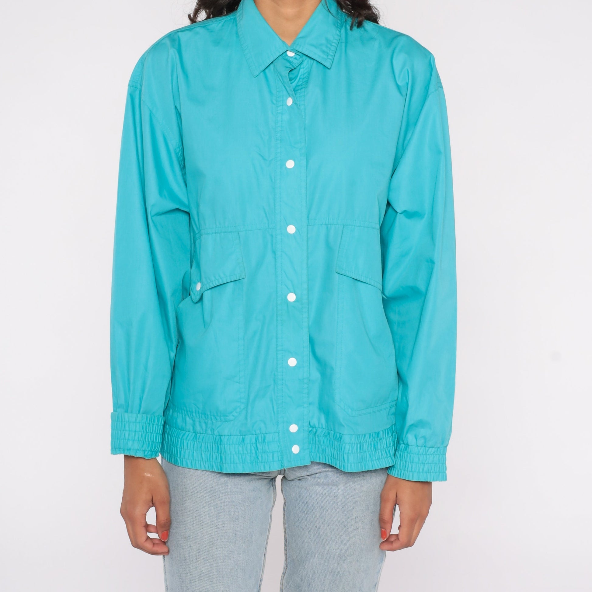 80s Koret Windbreaker Jacket Turquoise Blue Snap Button Large