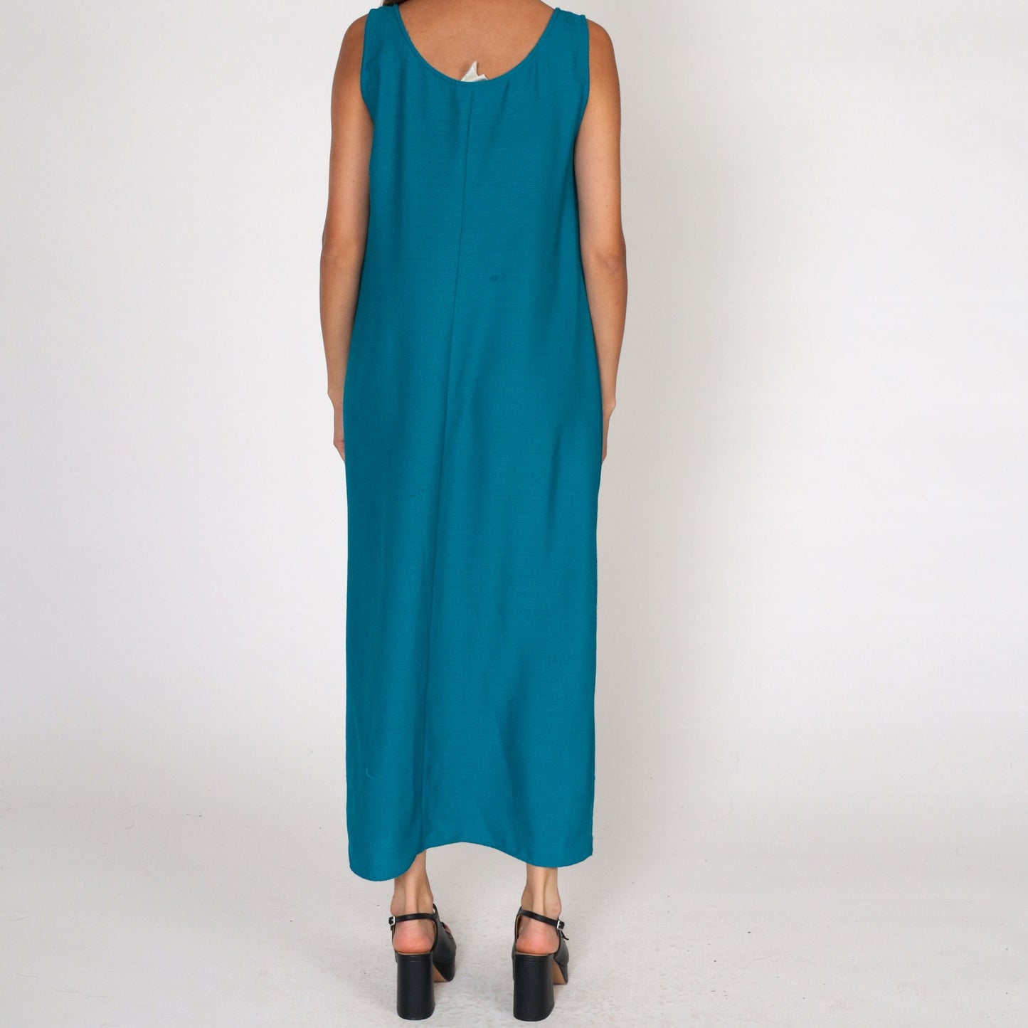 90s Blue Sleeveless Maxi Dress Side Slit Shift Ankle Length Medium