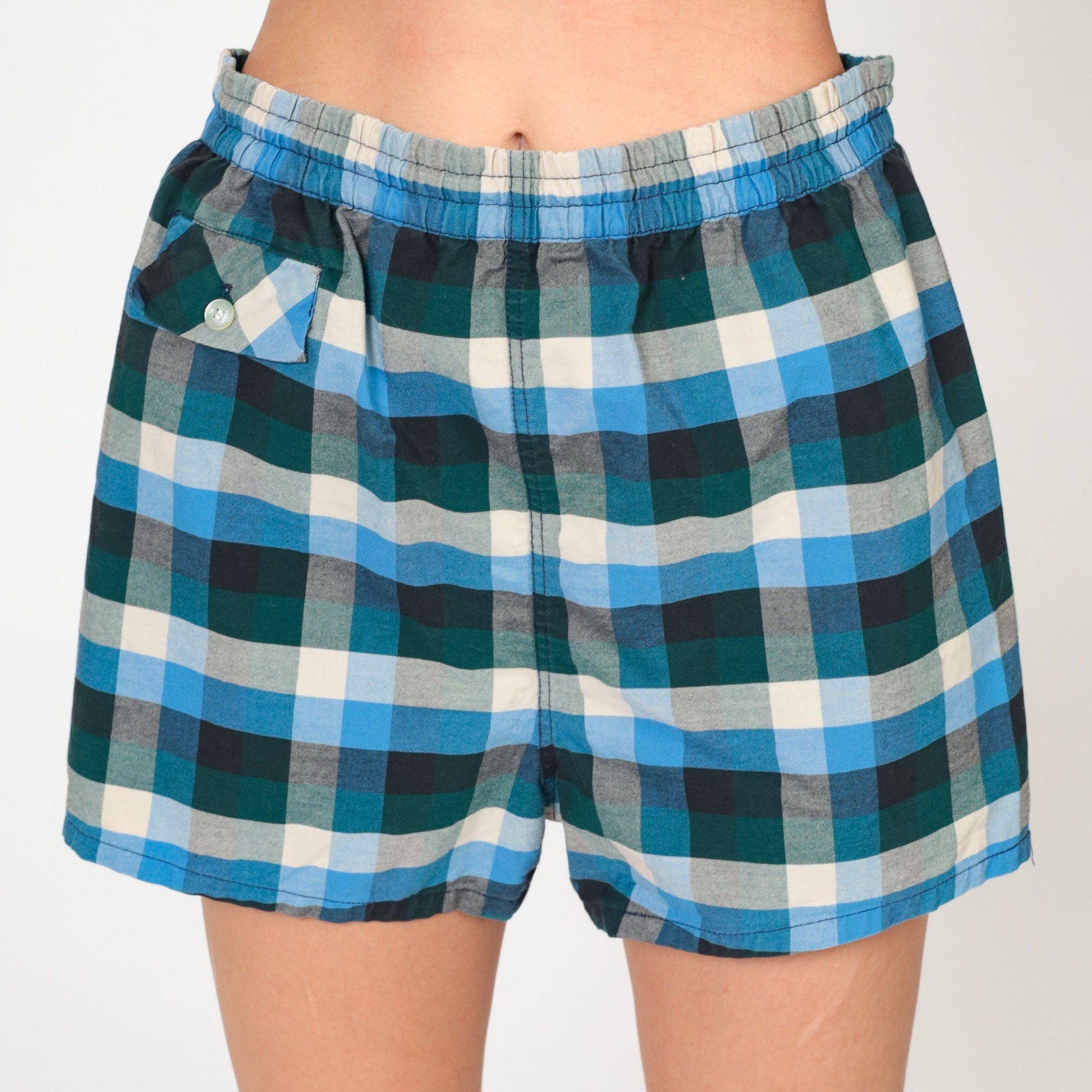 70s Plaid Swim Shorts Green Blue White Elastic Waist Small