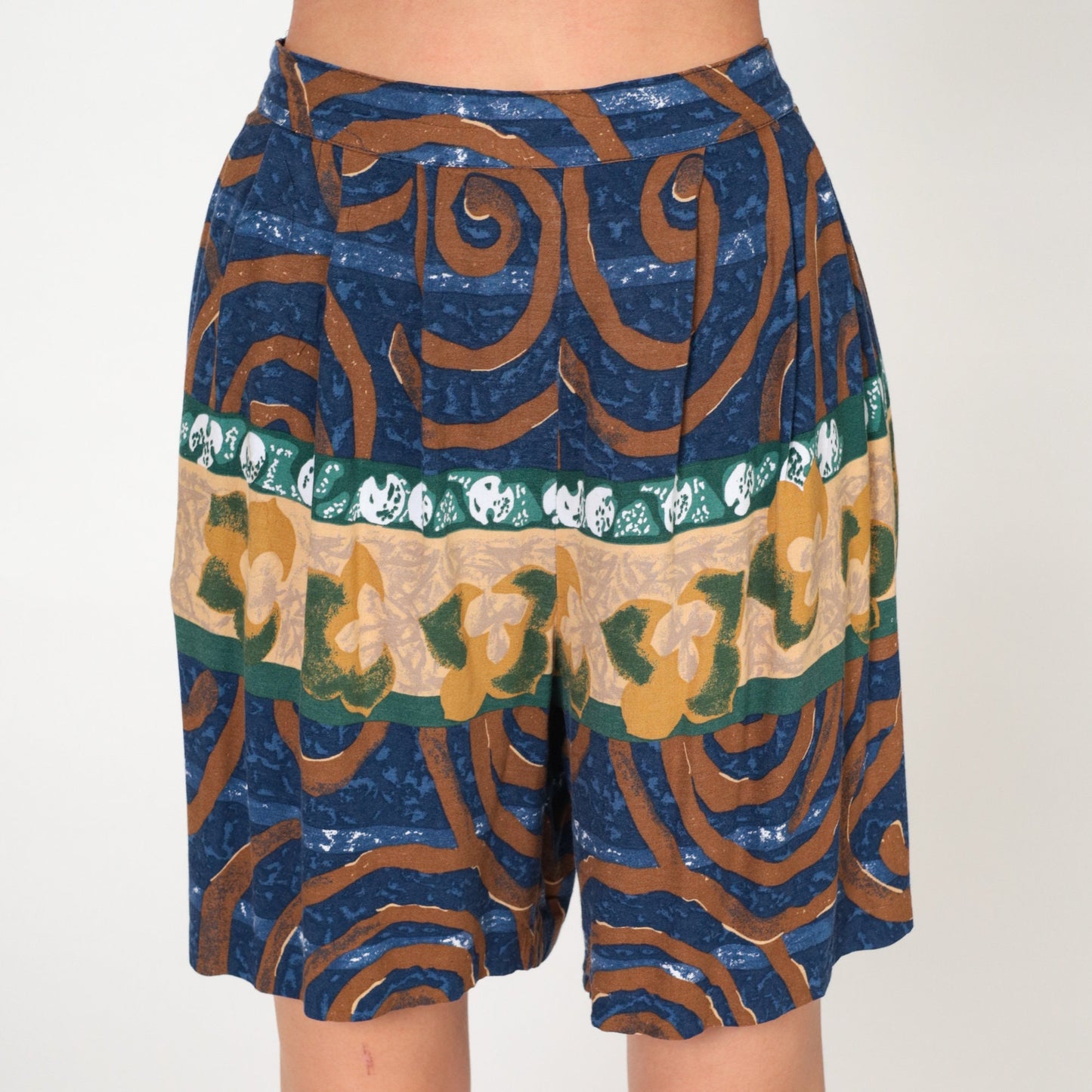90s Rayon Floral Swirl Print Pleated Shorts High Waist Wide Leg Large 12
