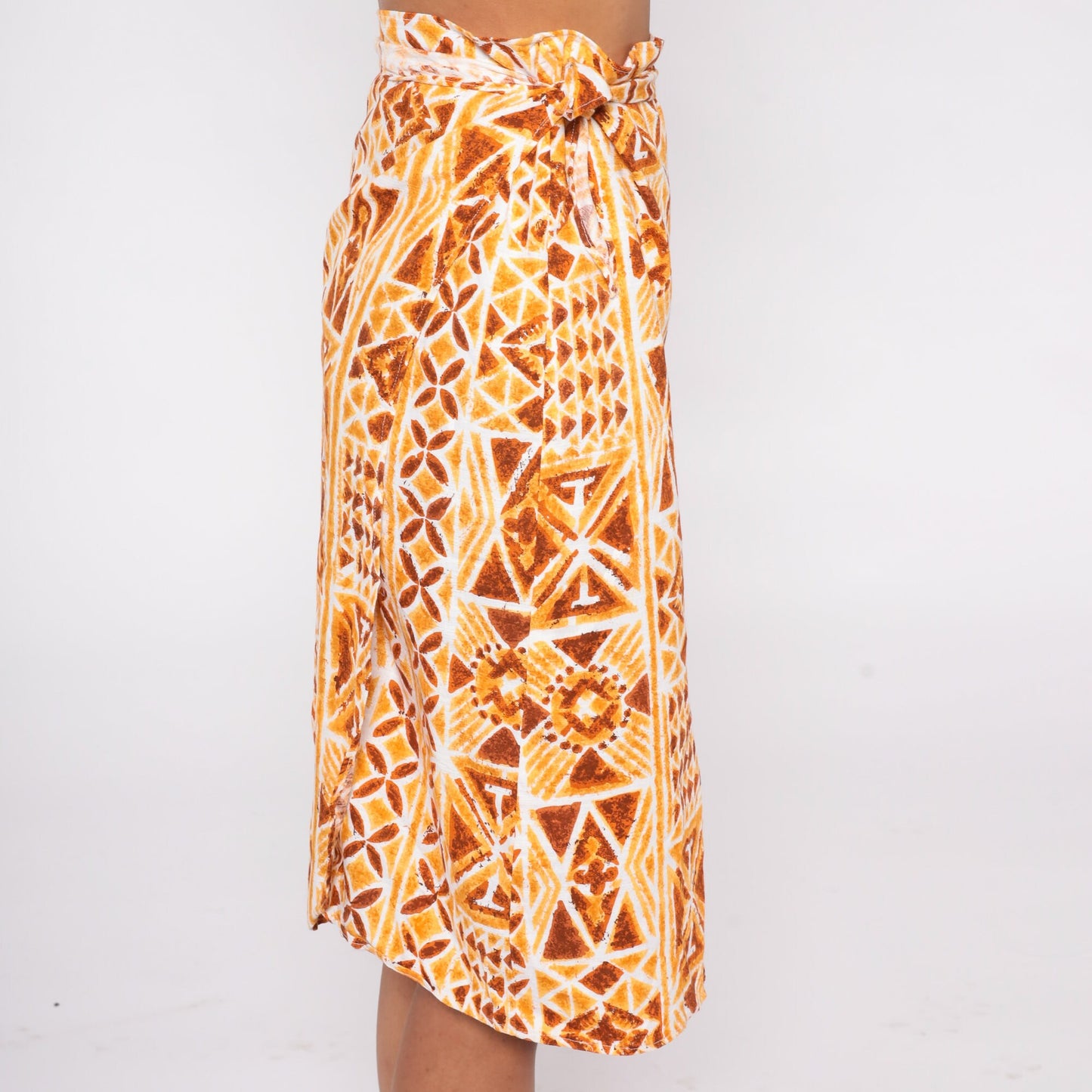 90s Geometric Stamp Print Wrap Skirt Knee Length Orange Extra Small XS