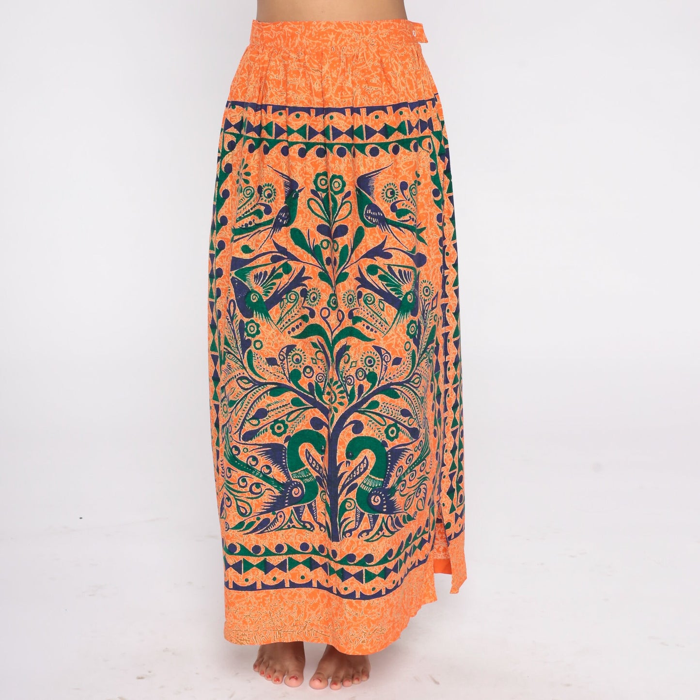 00s Tree of Life Bird Print Maxi Skirt Orange Floral Cotton Small